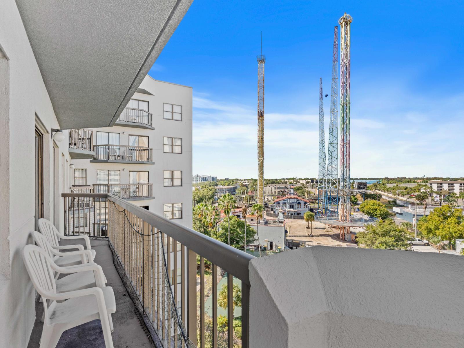 Large balcony with magnificent views of International Drive, Universal and Volcano Bay