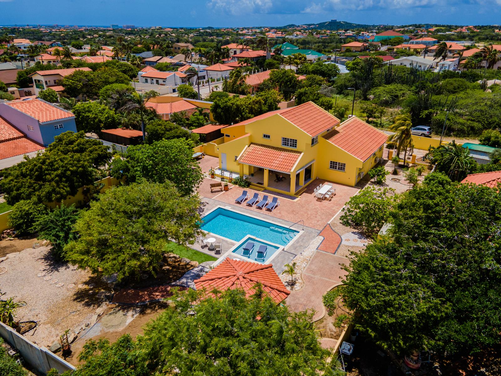 Aerial view of the home backyard layout.