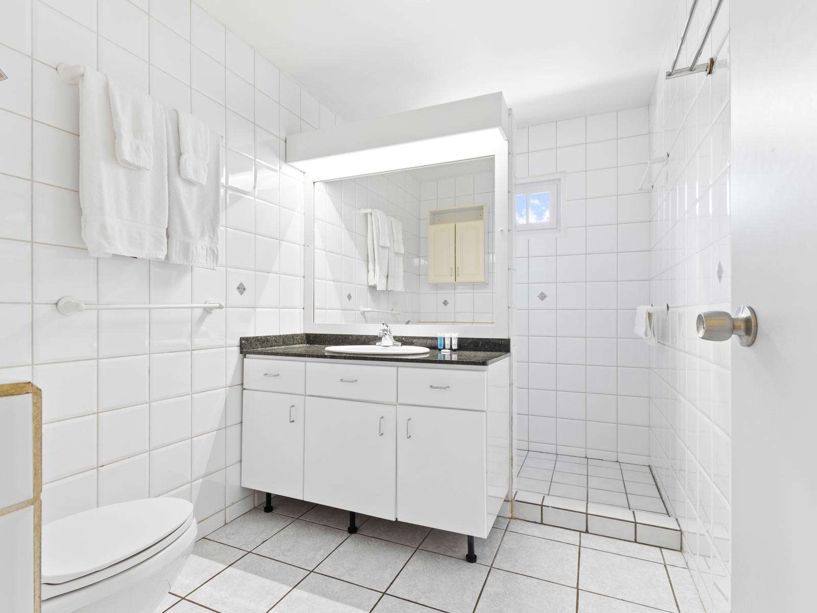 Relax in Bathroom 2, where you’ll find a practical vanity, a clean-lined toilet, and a spacious walk-in shower for a rejuvenating experience.