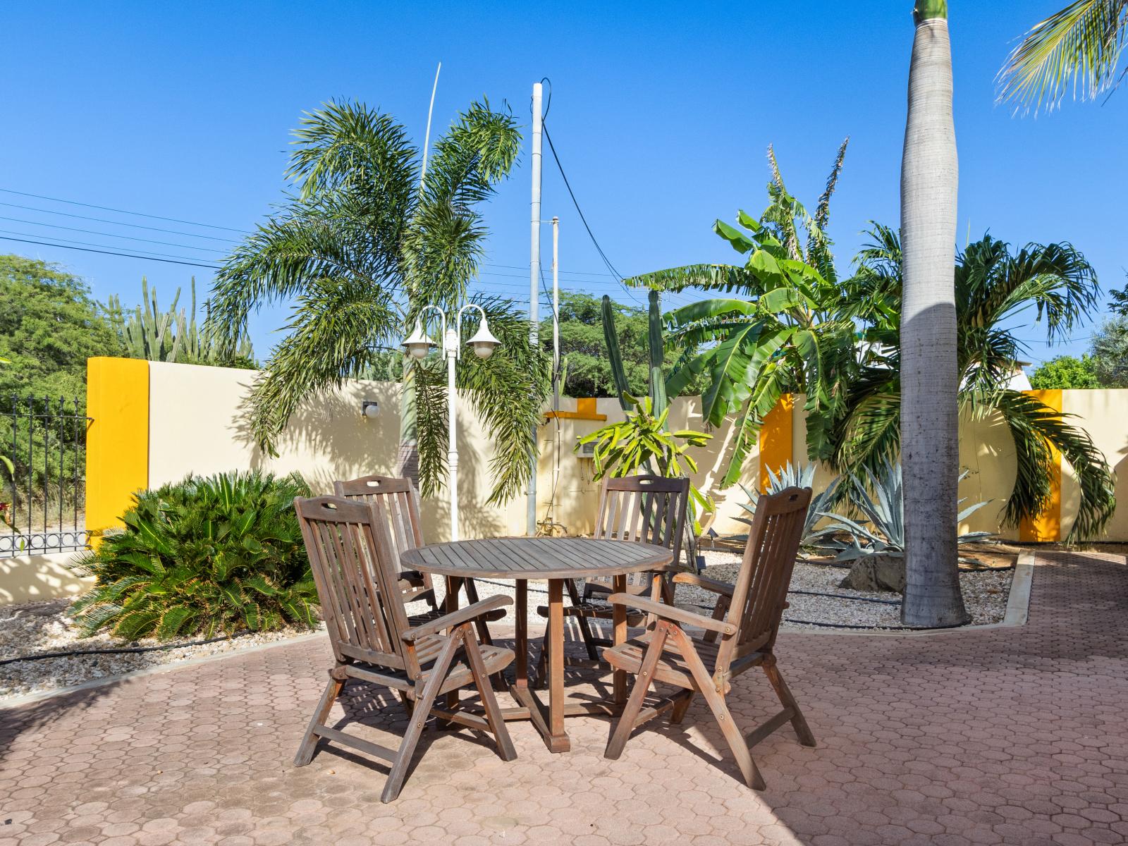 Beautiful Patio of the home in Noord Aruba - Morning Coffee Bliss  Front Patio Lounge Table and Chairs - Attractive patio furniture and greenery - Embrace a relaxed atmosphere in the great outdoors