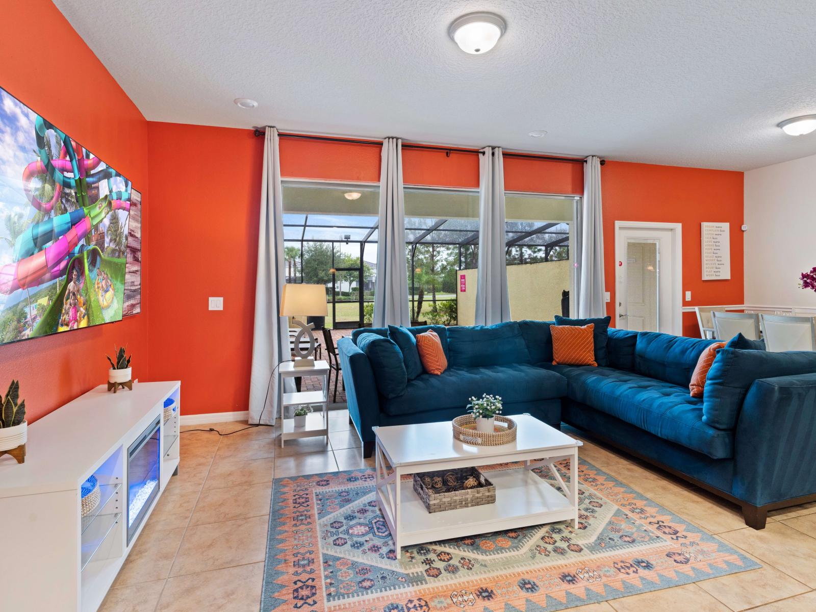 A colorful and playful vibe in the living room will never bore you. With this huge seating capacity, you will enjoy watching the shows, movies, games and more. Also an easy access to the pool.