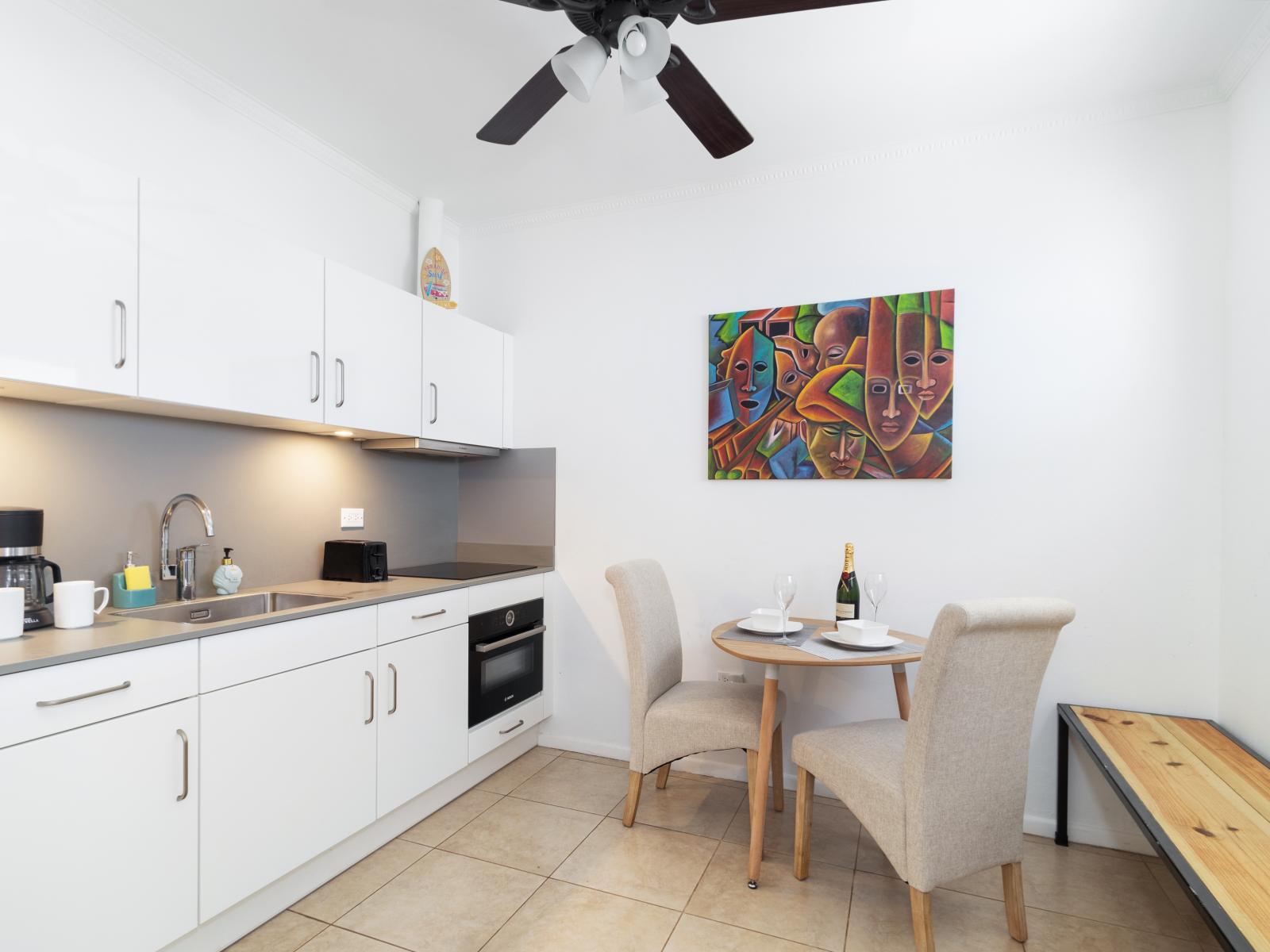 Pompous Kitchen of the Apartment in Noord Aruba Near Eagle Beach - Fully Equipped - Thoughtful placement of kitchen essentials for easy access - Contemporary design with clean lines and minimalist aesthetics