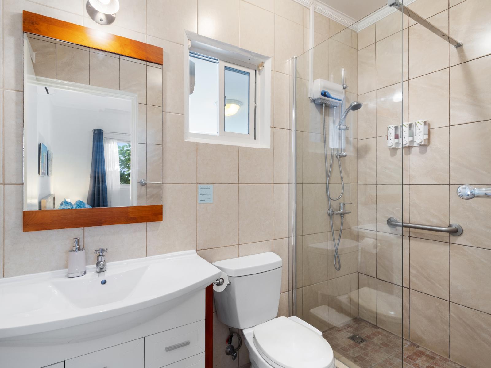 Full bathroom with walk-in shower- feel the essence of being in the shower with a hot or cold preference of your water.