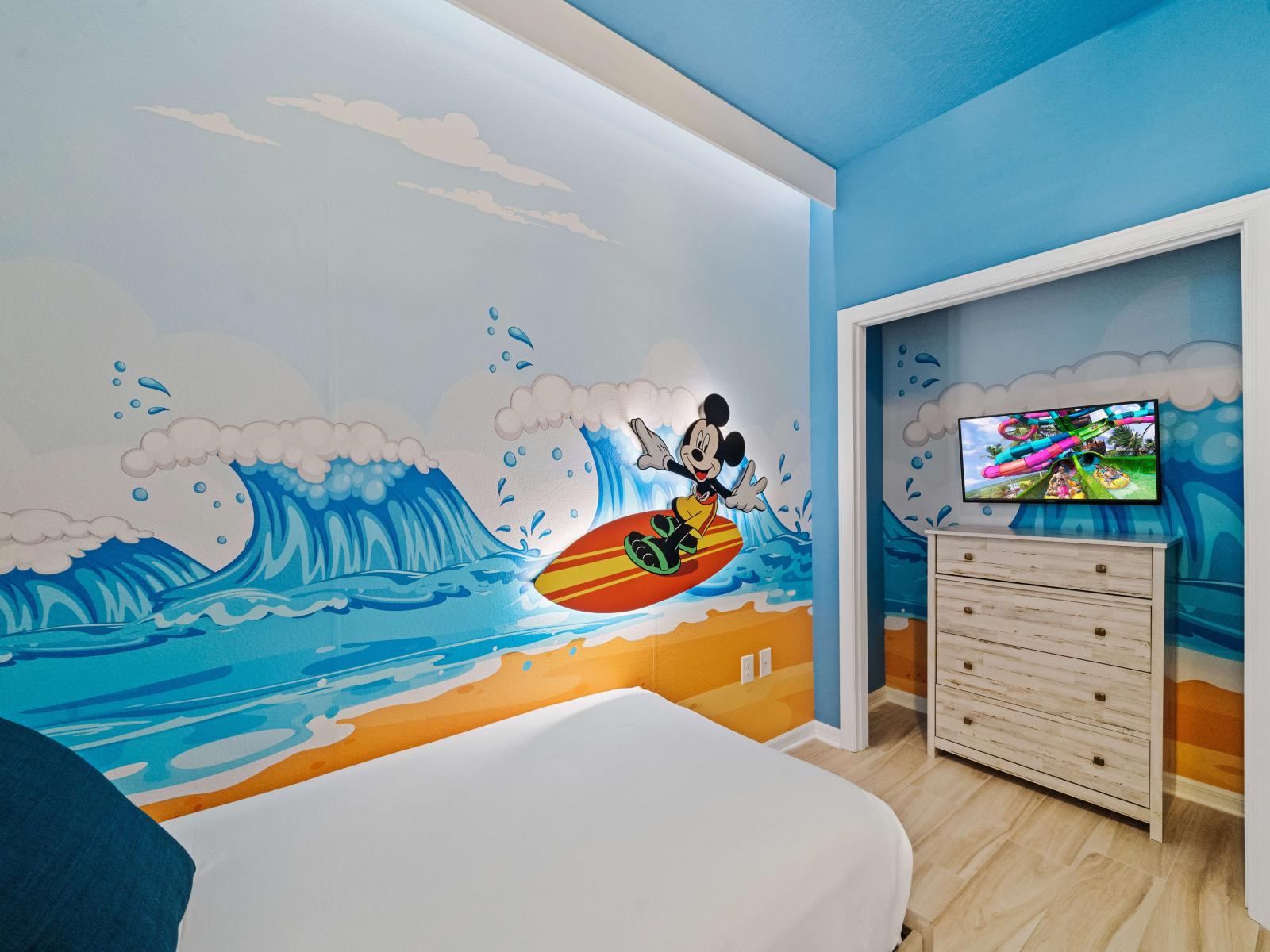 Experience the magic of Disney with our Mickey-themed room, complete with two cozy single beds. - Stunning wardrobe with sufficient space - Enjoy the Availability of Smart Tv and Netflix - Indulge in mesmerizing views from the windows of the room