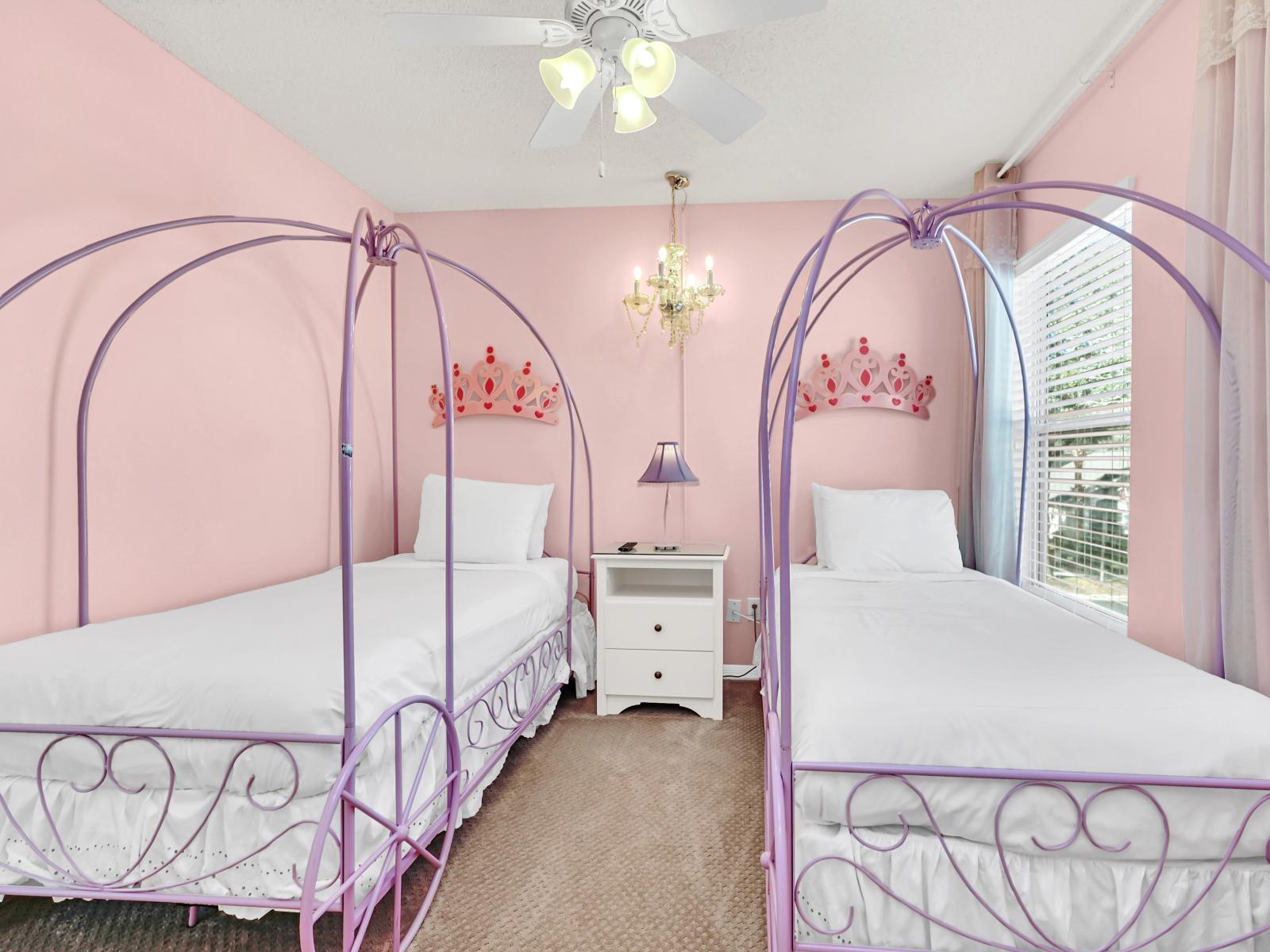 Enchanting Bedroom of the Home in Kissimmee Florida - Offering Two Princess-Inspired Single Beds for a Magical Stay - Princess Themed bedroom - Cozy textiles and plush bedding for a restful night's sleep