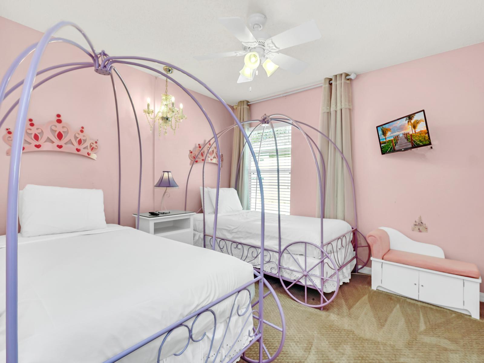 Bright Bedroom of the Home in Kissimmee Florida - Indulge in a dreamy retreat in room adorned with two carriage-like beds - Promising a fairytale-worthy escape - Smart TV and Netflix