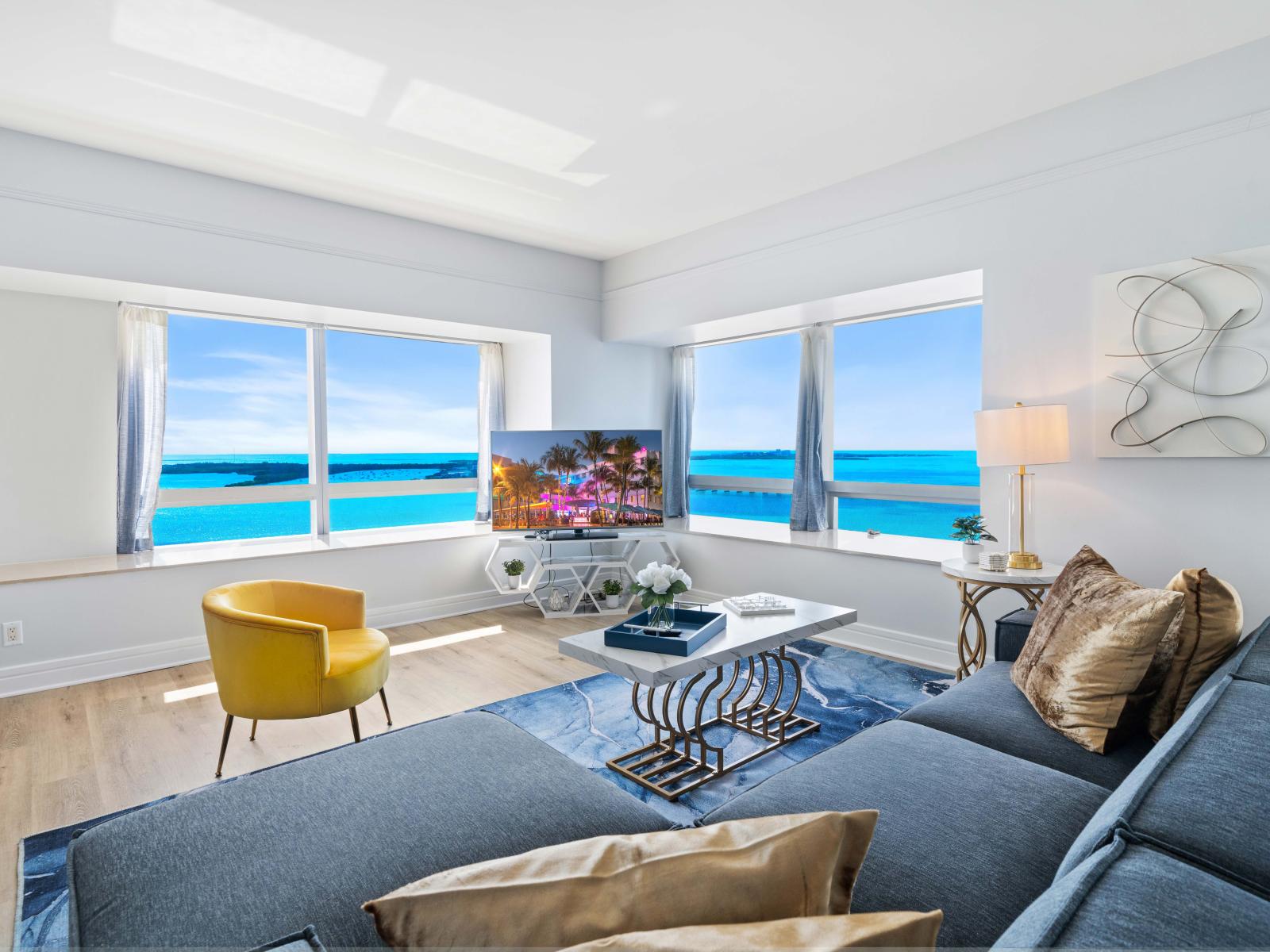 Living Area of the Condo in Miami Florida - Cozy seating area conducive to relaxation and socializing - Amazing ocean view - Well-chosen seating adding both functionality and charm - Smart TV and Netflix