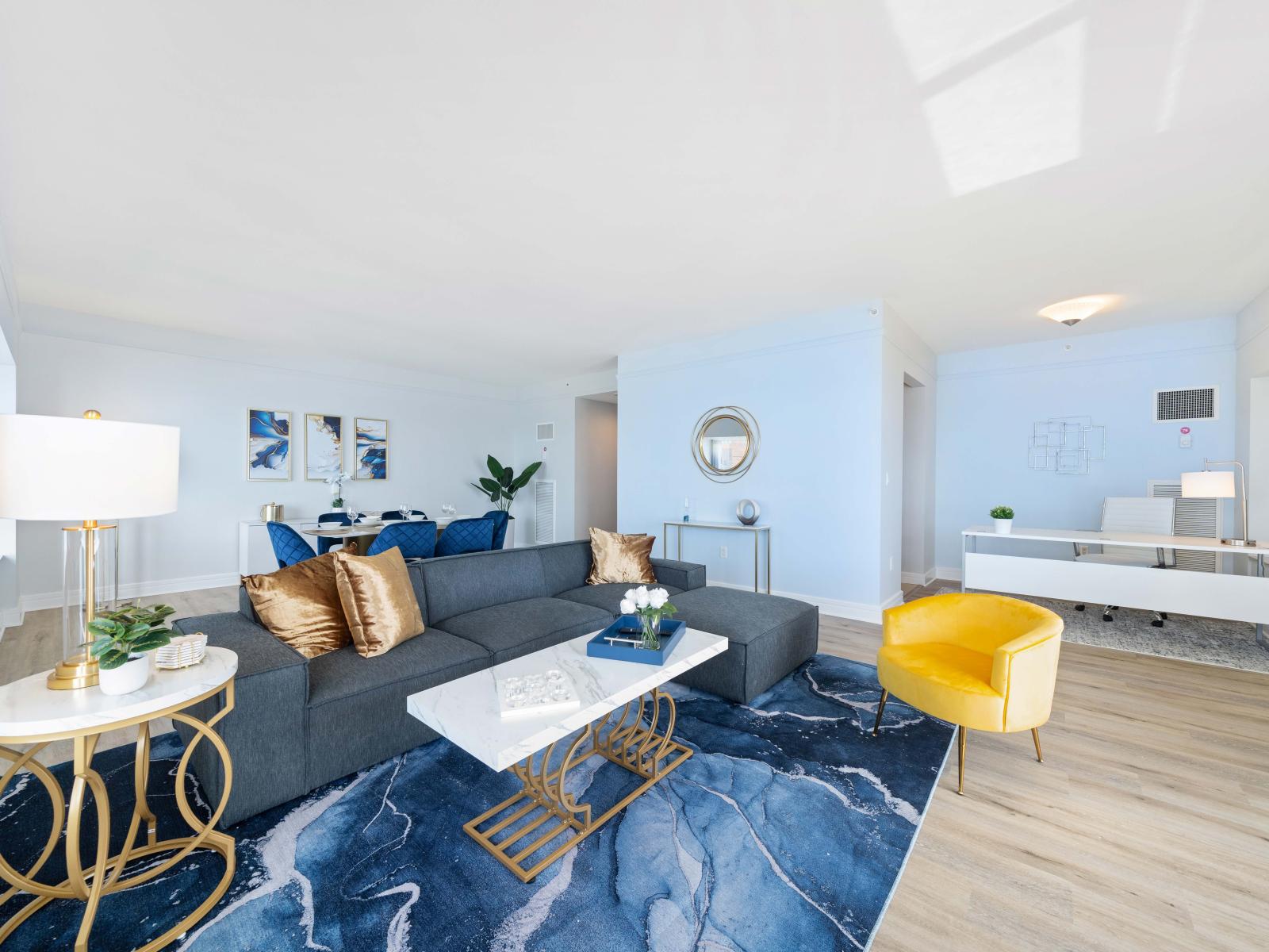 Living Area with amazing ocean view of the Condo in Miami Florida - Stylish furniture arrangement providing comfort and a cohesive look - Thoughtful mix of textures, from plush rugs to tasteful throw pillows