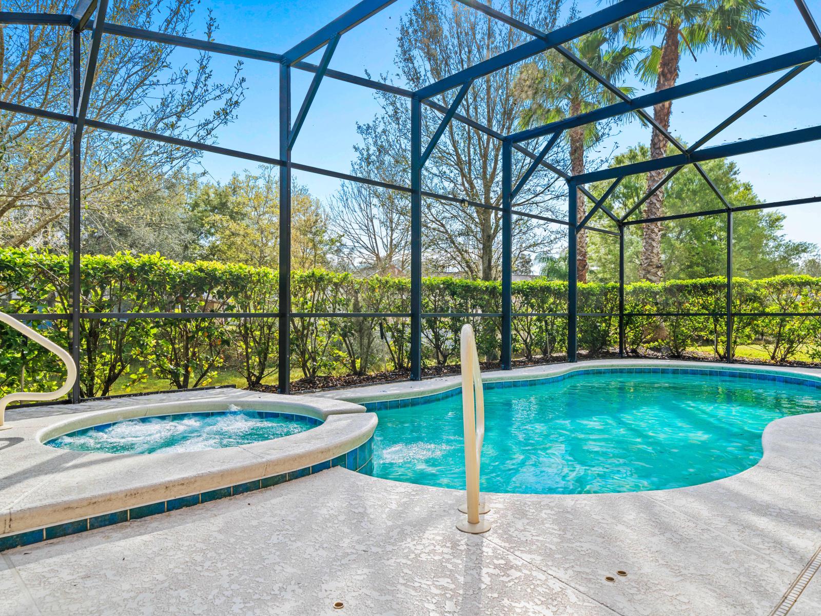 Enjoy the ultimate in privacy and luxury with our secluded pool and spa of the home, nestled amidst lush landscaping in Davenport - Experience the epitome of luxury living with our private pool and spa - Dive into tranquility in our secluded pool