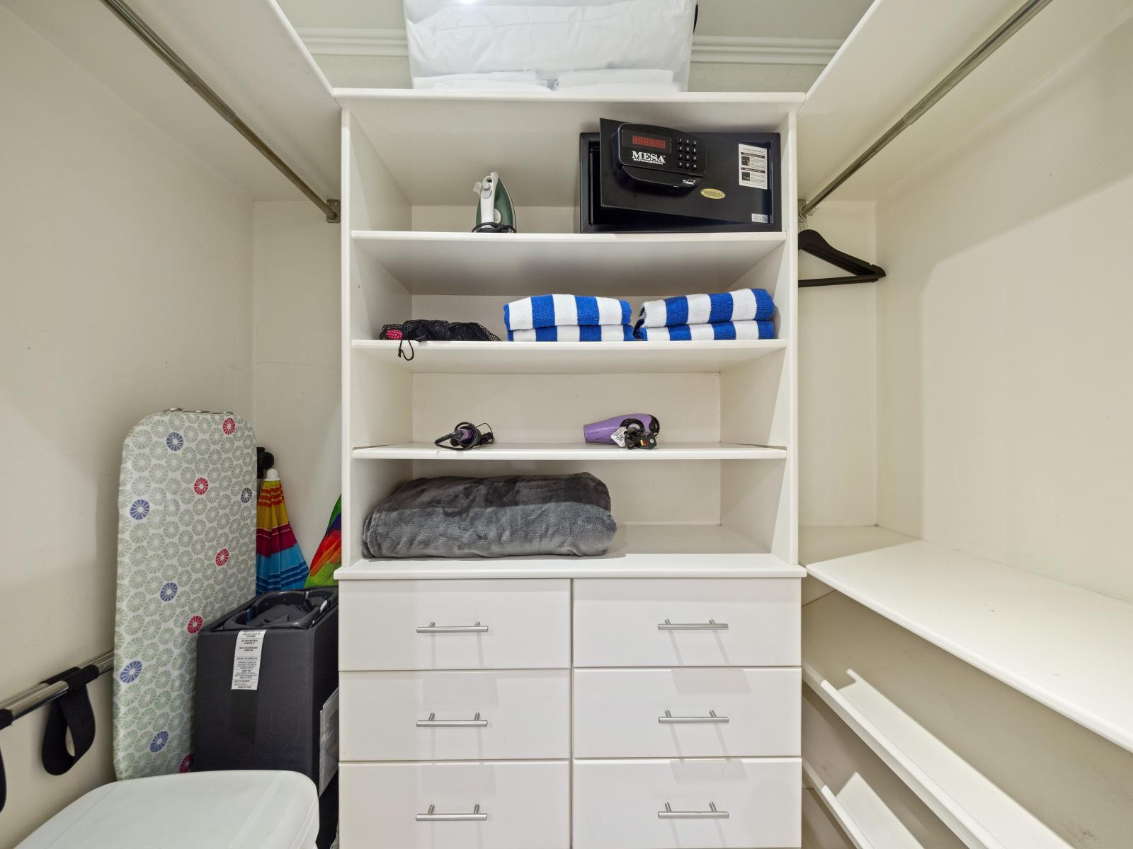 Stay organized with ease in the Master’s bedroom walk-in closet, designed for maximum storage and style.