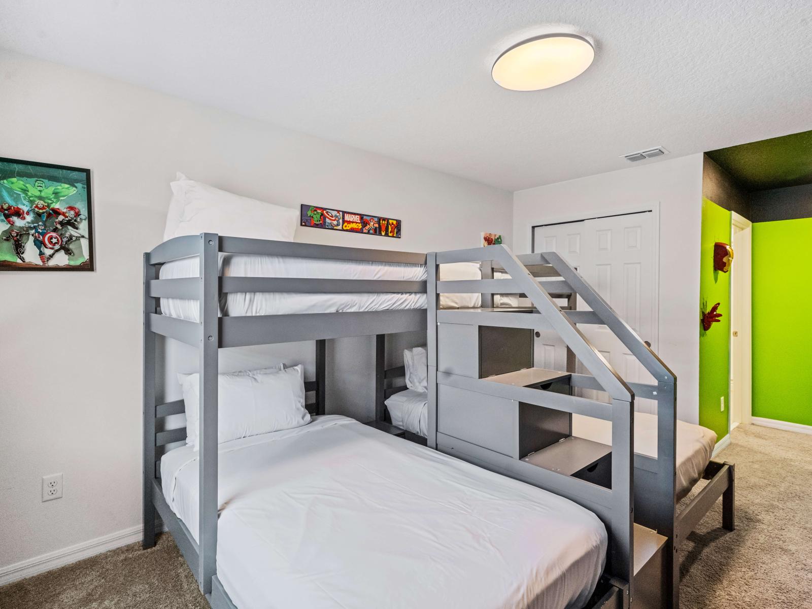 Stylish Bedroom of the Townhouse in Kissimmee Florida - Marvel Themed Bedroom a retreat for all ages - 3 single beds and a private bathroom - Cozy retreat with a plush bed, perfect for relaxation