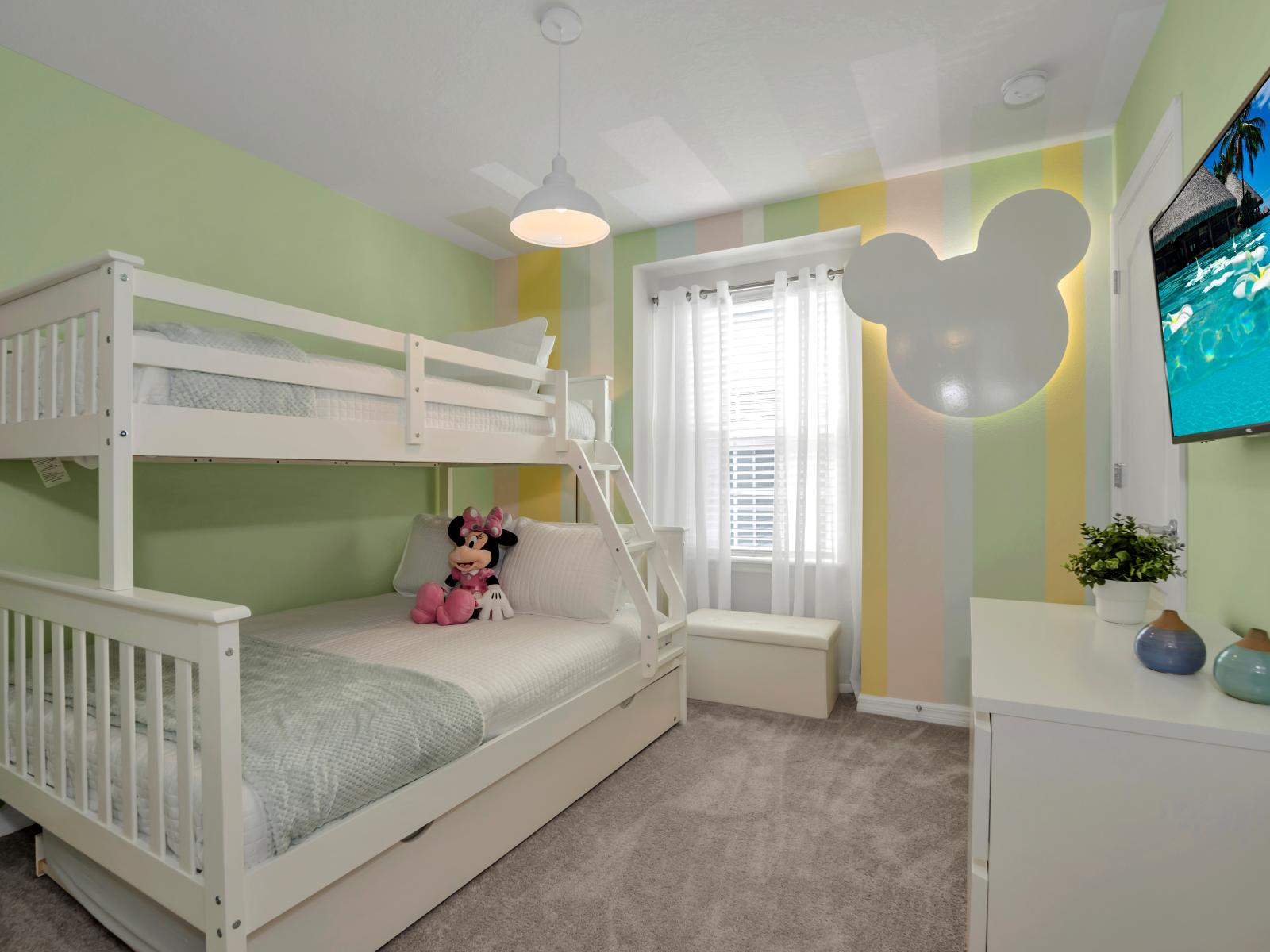 Mickey Mouse themed bedroom of the townhouse in Davenport Florida - Double and single bed bunk beds - Mickey mouse style decor that complements the space - Let's get into the world of Disney Magic with Mickey!