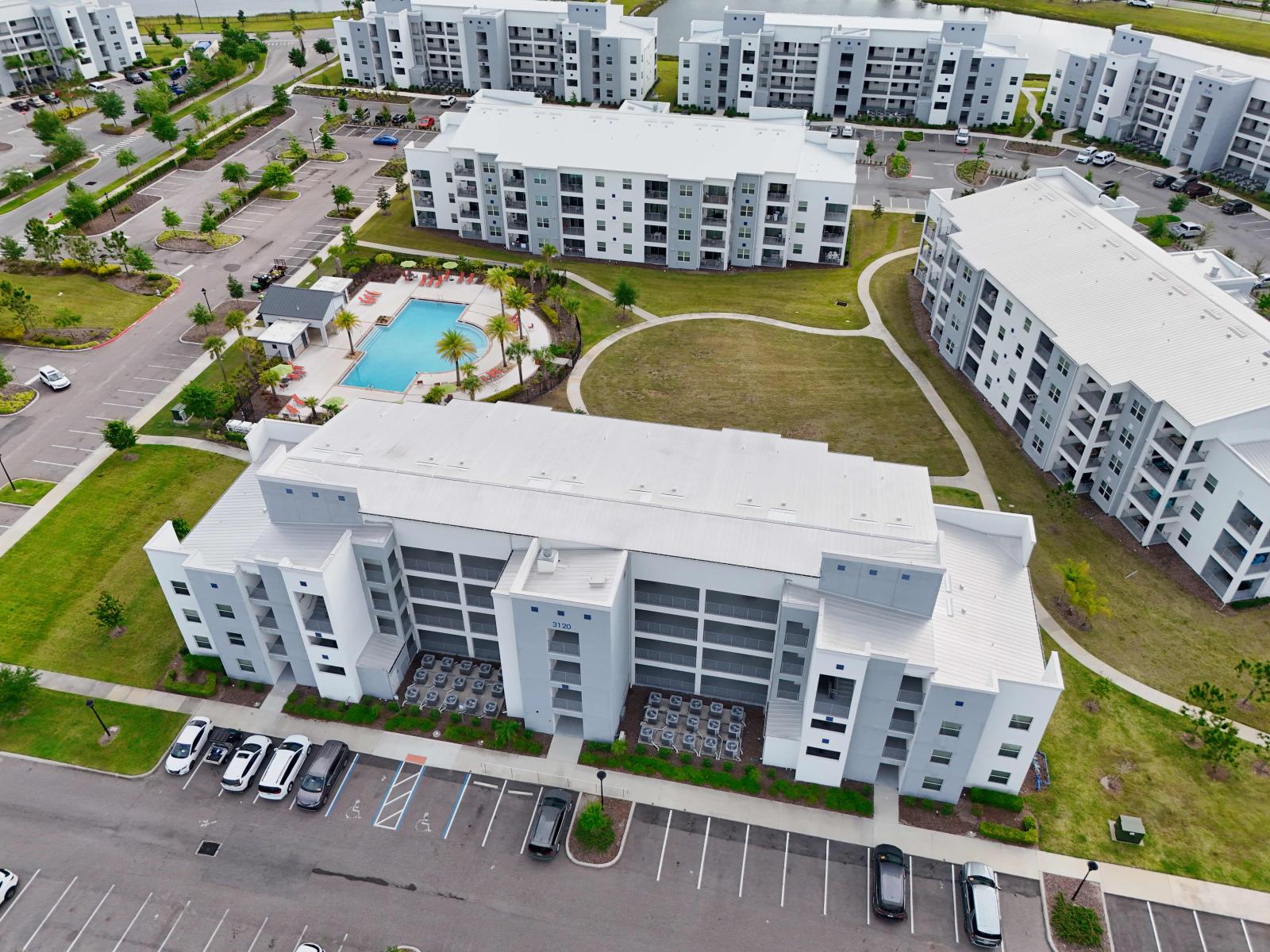 Storey Lake Resort in Kissimmee Florida - Building exterior aerial picture - Unique buildings with innovative and elegant architecture