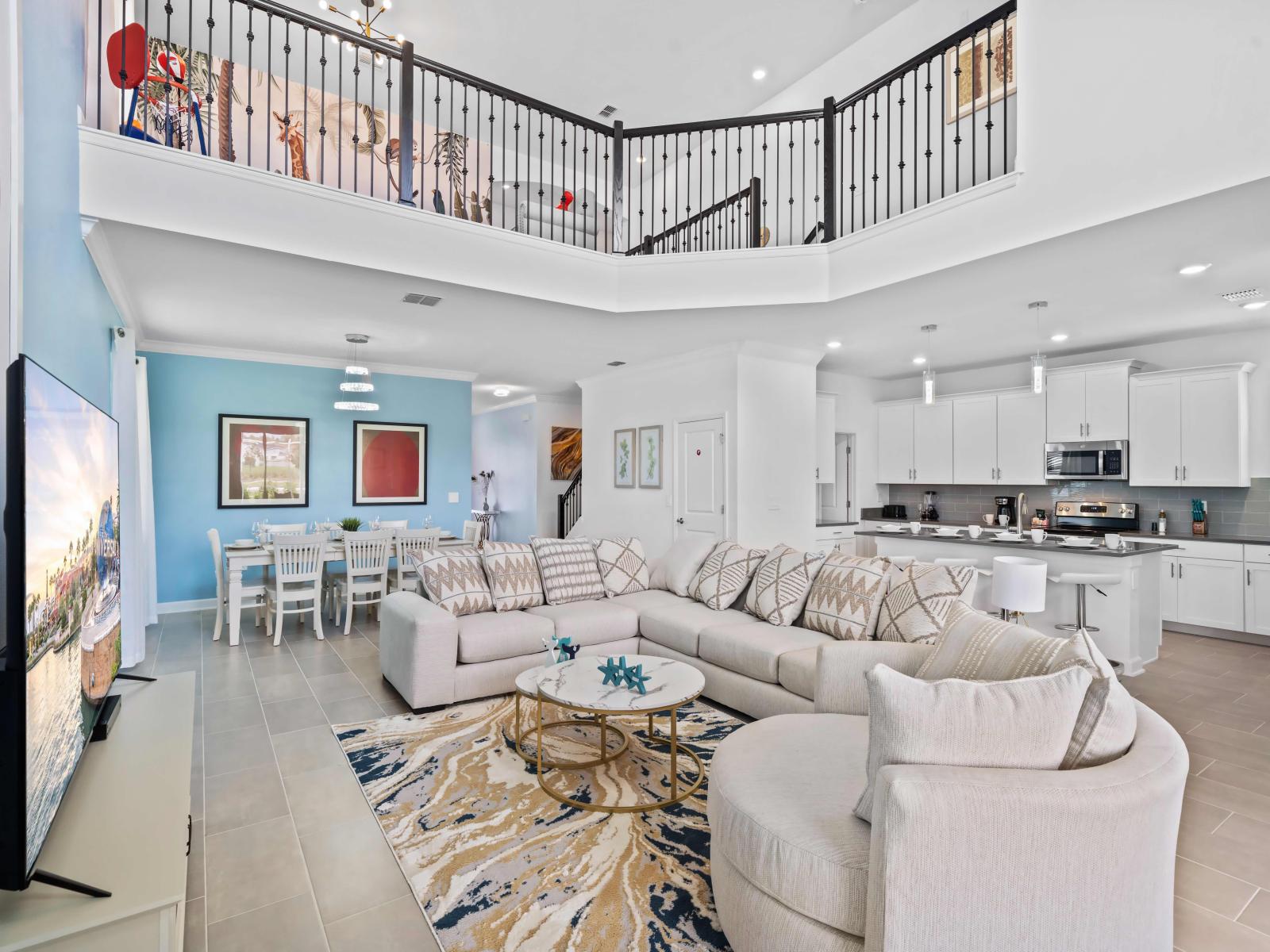 Stunning Living Area of the Apartment in Kissimmee Florida - Smart TV and Netflix - Elegantly decorated space with a neutral color palette for a timeless appeal - High Ceilings - Chic living room design with clean lines and modern furnishings