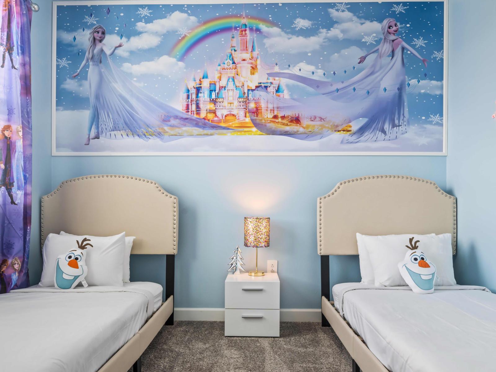 Step into a magical world of ice and snow with our Frozen themed bedroom of the home in Kissimmee - Make little ones bedtime magical with snowy adventures with their favorite characters. - Escape to Frozen themed bedroom Featuring 2 single beds