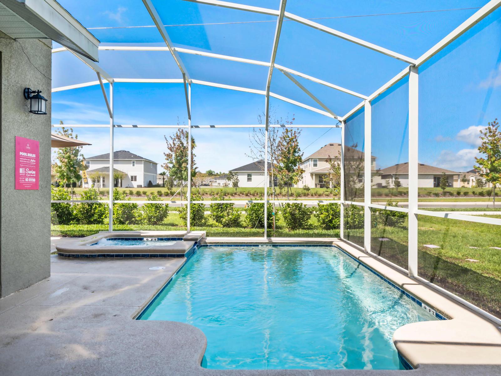 Indulge yourself in our refreshing private pool and spa of the home in Kissimmee - Release your stresses of the day simply by the pool side of the home - Lounge by the poolside or soak in the soothing spa - Surrounded by the beauty and serenity