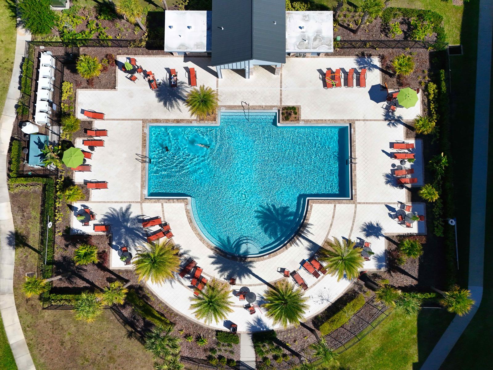 Drone shot of our Complete Pool area in Kissimmee - Pool surrounded by surrounded by plants and trees - Cozy beach chairs available - Availability of neat and clean towels - Fresh water