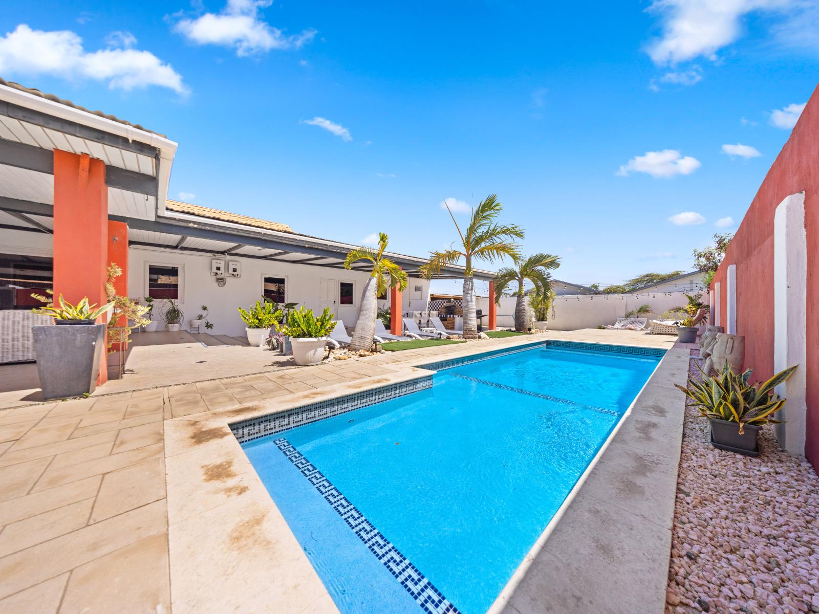 Dive into relaxation in our crystal-clear pool area of the home in Oranjestad, Aruba - Bask in the warm sun on our comfortable loungers, strategically placed by the poolside - Surrounded by lush greenery our pool area offers serene, private retreat