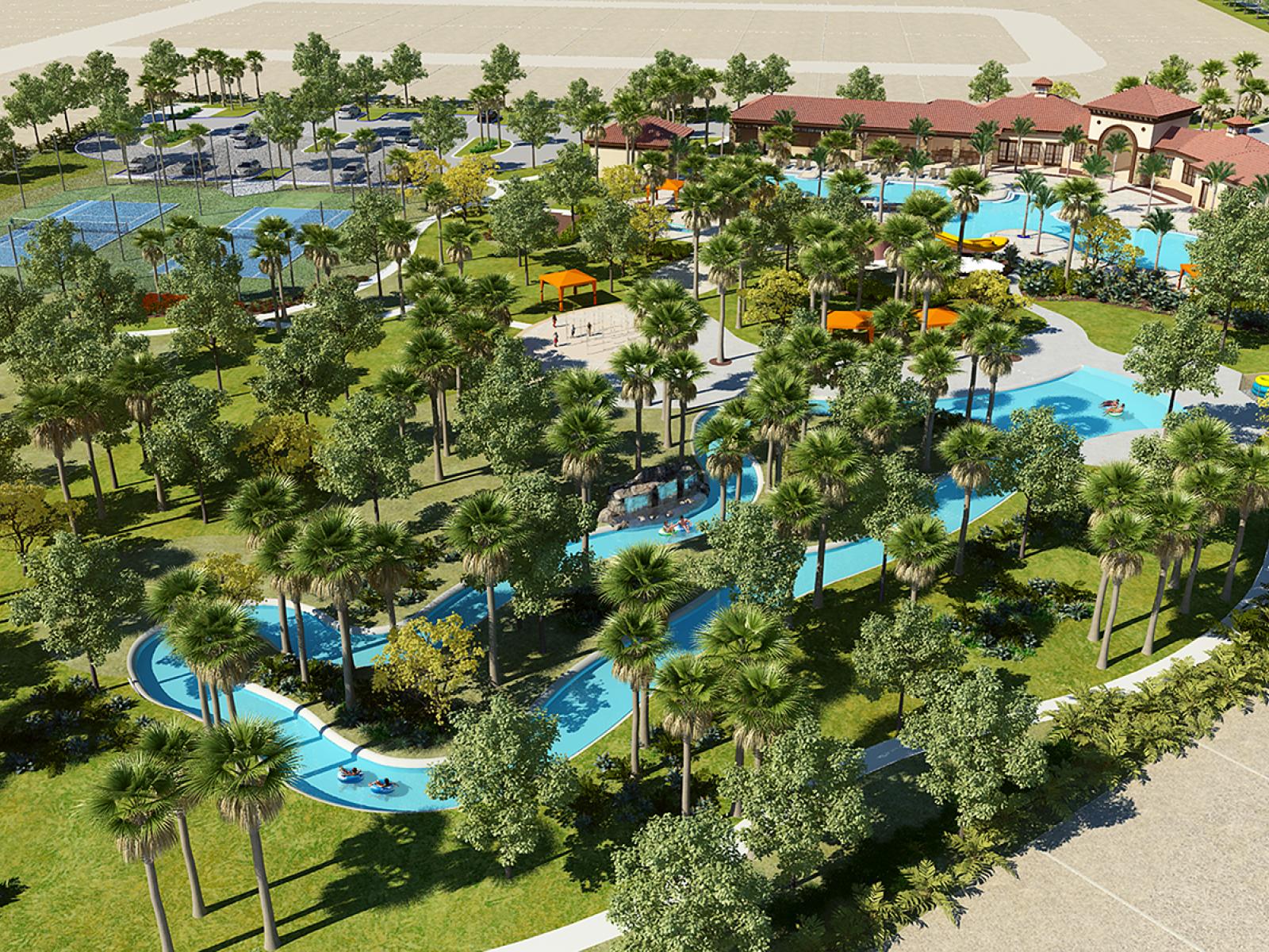 The aerial view of the clubhouse area, a sprawling landscape with lush greenery, a meandering lazy river, multiple pools, and sports courts, creating an activity-filled resort environment.