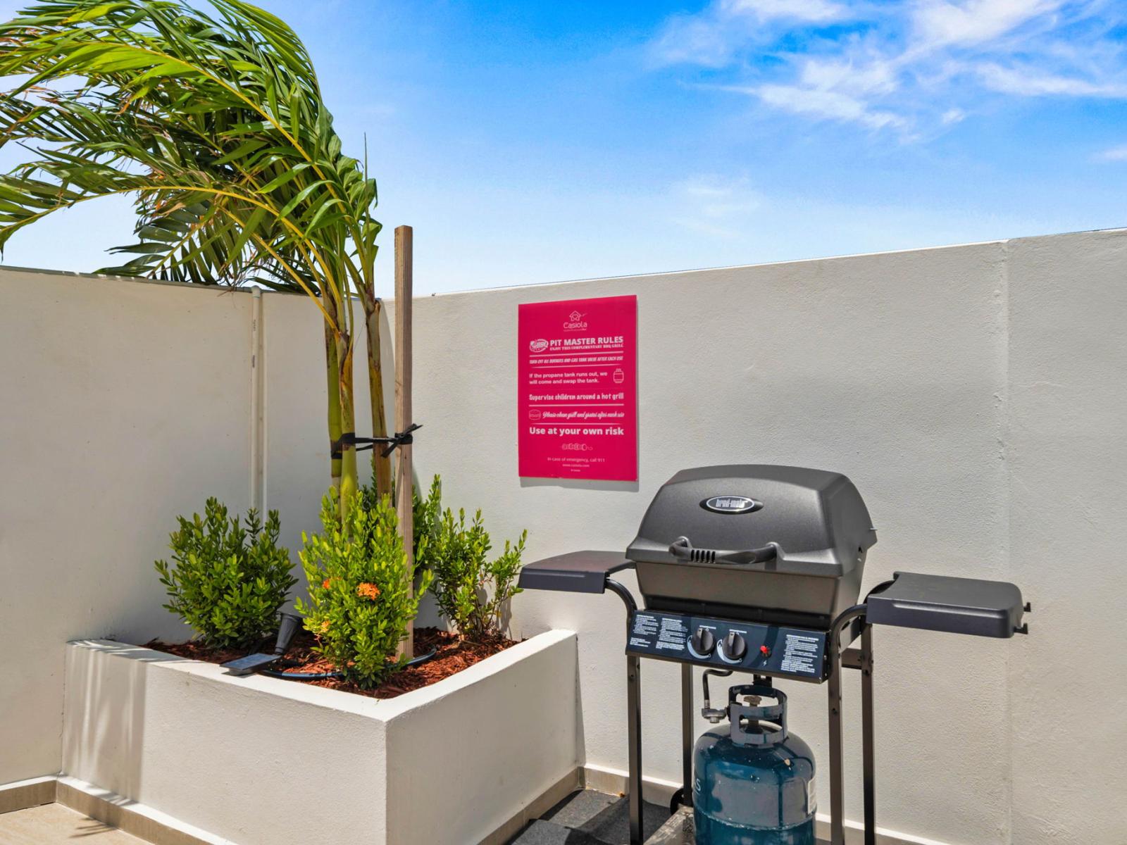 - Outdoor grilling area featuring a gas barbecue grill, perfect for cookouts and gatherings - Surrounded by potted plants and palm trees, creating a tropical, relaxing atmosphere - Rules sign adds a fun and practical touch to ensure safe grilling