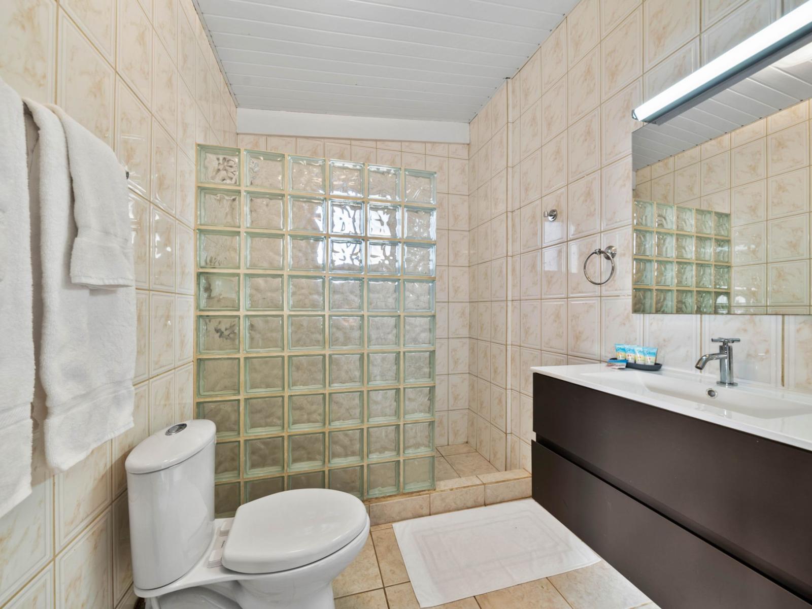 - Bright and clean bathroom featuring a stylish glass block shower and modern fixtures - Sleek vanity with storage and a large mirror enhances functionality - Neutral tiles and soft lighting create a refreshing and inviting space for daily routines