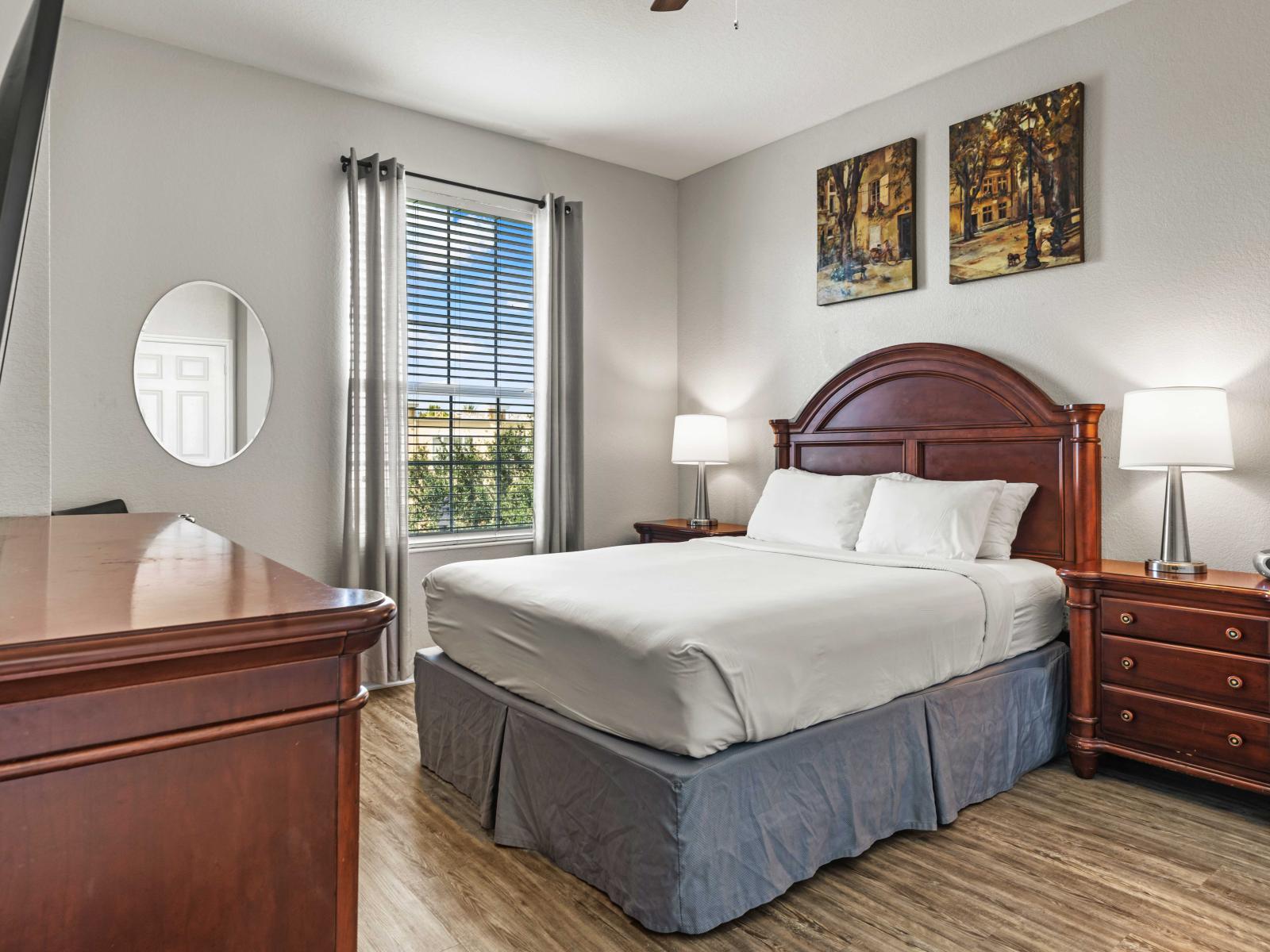 - Cozy bedroom with a queen-sized bed with matching side tables for added convenience - Large dresser, smart TV and an attached private bath providing relaxation - Bright window offers natural light& a stylish mirror that enhances the rooms beauty