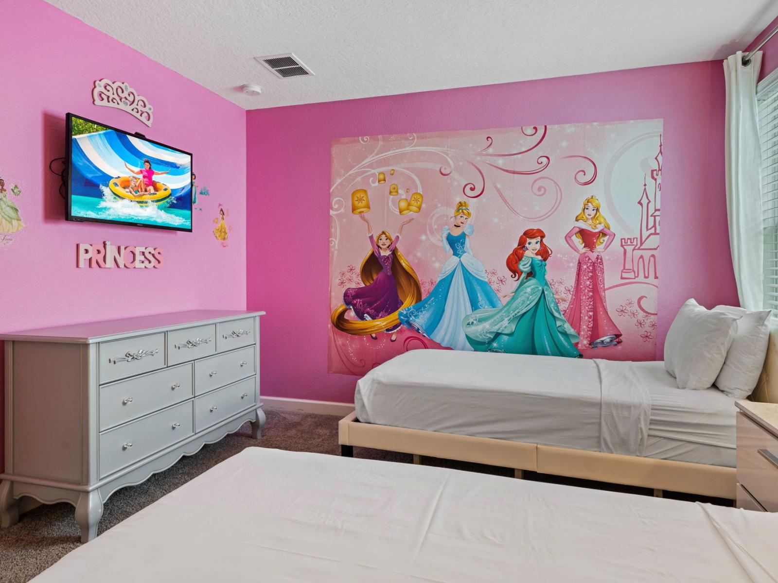 - Disney Princess themed bedroom featuring twin beds and  smart TV for entertainment - Princess-themed decorations, adding a whimsical touch that is sure to delight young ones - Functional furniture, including a dresser and plenty of storage space