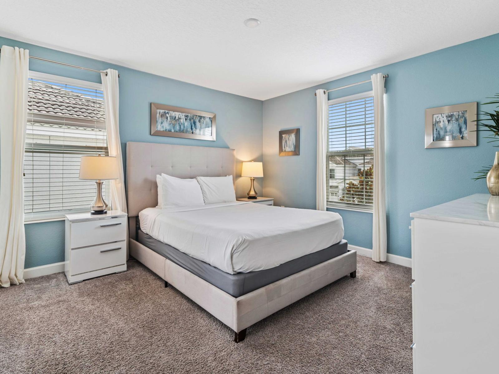 - Spend restful nights in the welcoming bedroom with a queen-sized bed and contemporary decor - Features smart TV, double windows for plenty of sunlight and fresh air - Decorated with unique art pieces that add character to the space