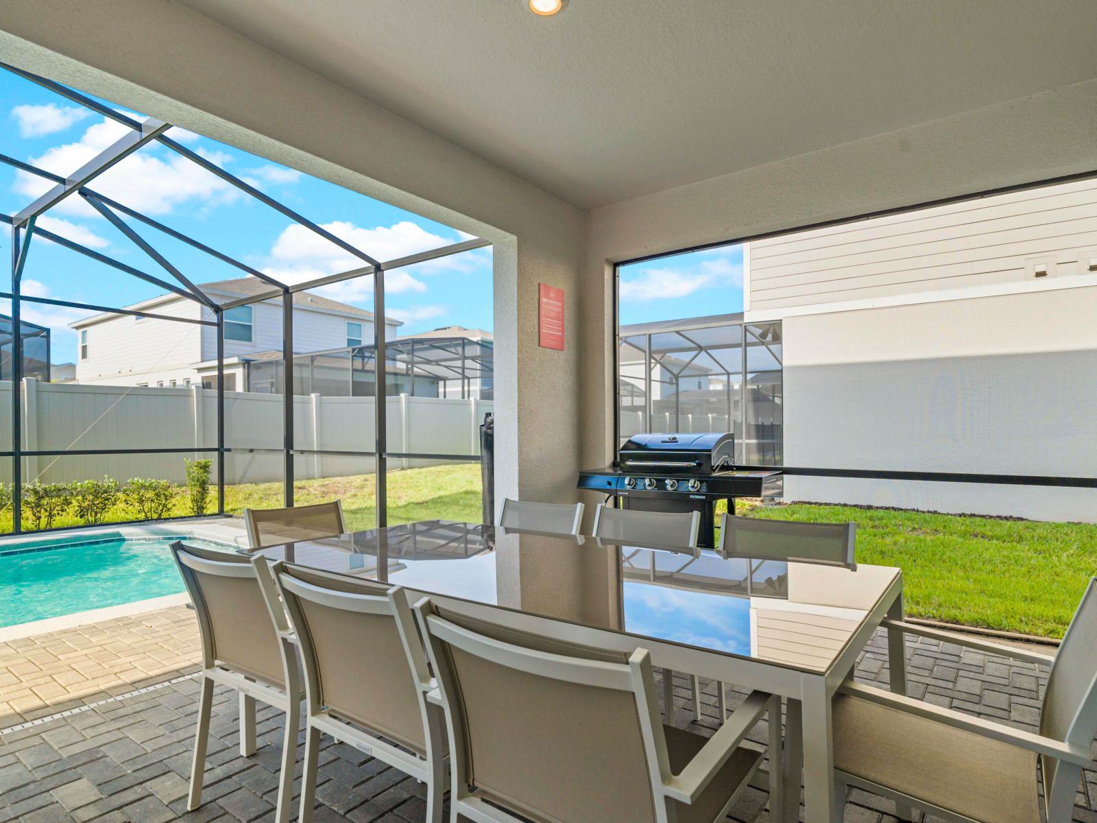 Private pool area and outdoor dining area