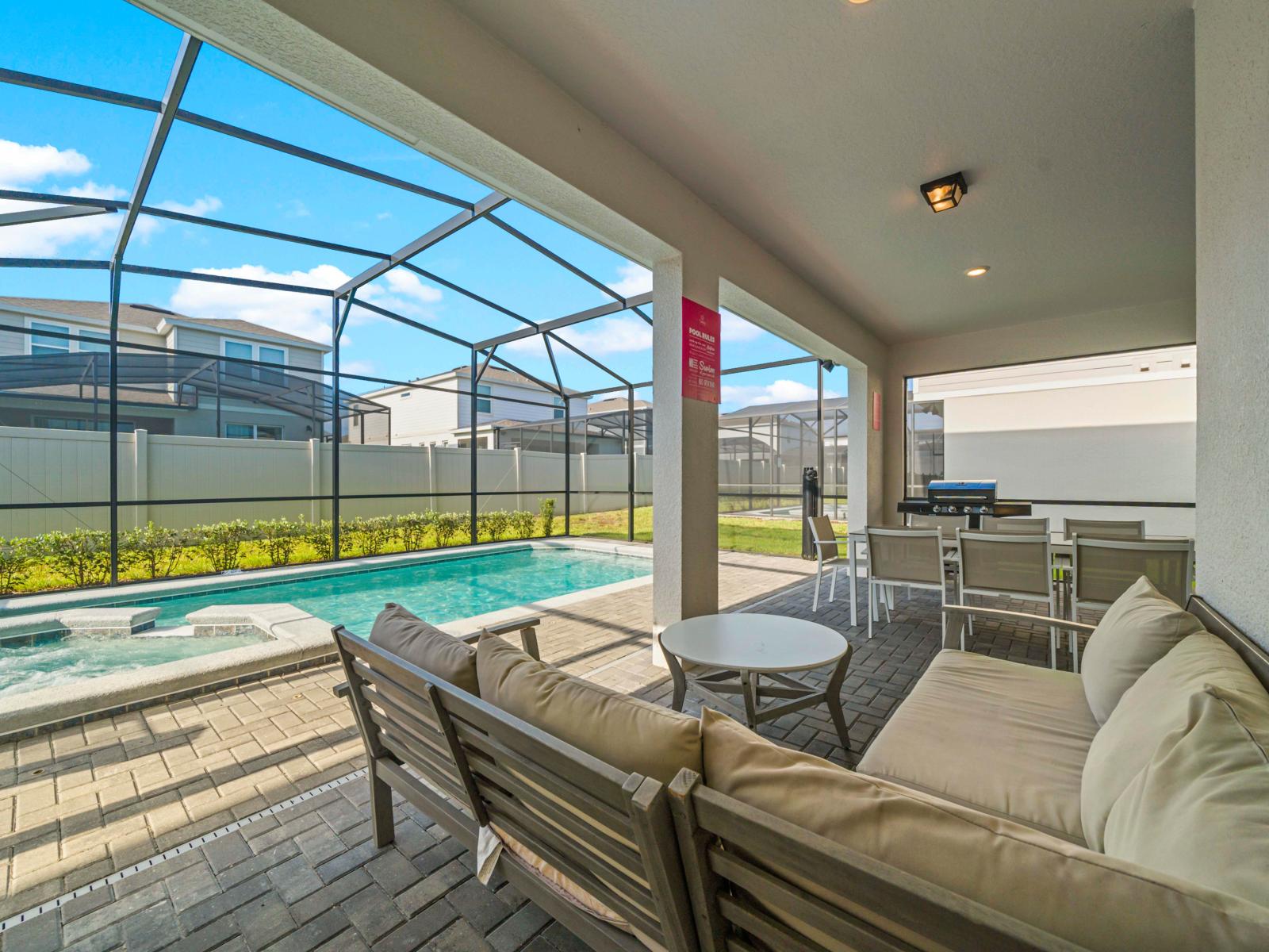 Private pool area and outdoor dining area