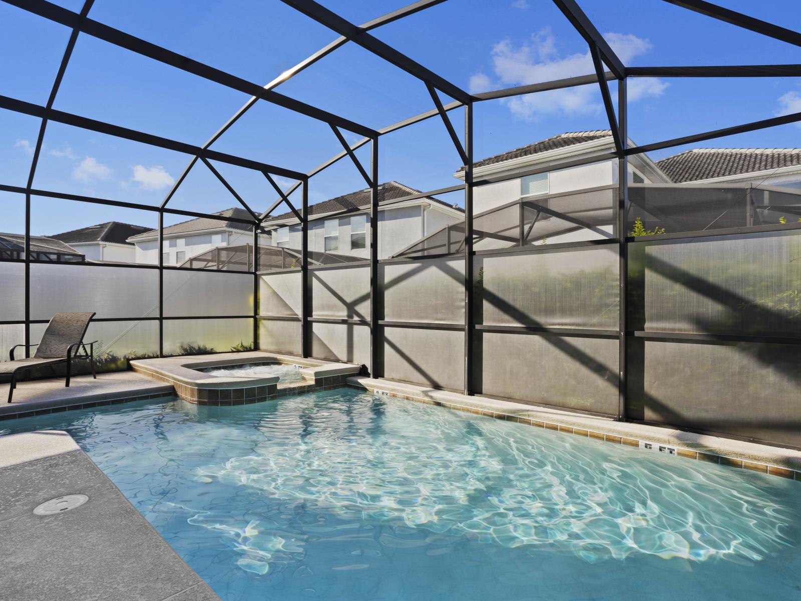 - Private screened-in pool perfect for cooling off in the Florida sun - Relaxing poolside seating area for lounging and soaking up the atmosphere - Ideal for family fun and relaxation, with crystal-clear water and privacy