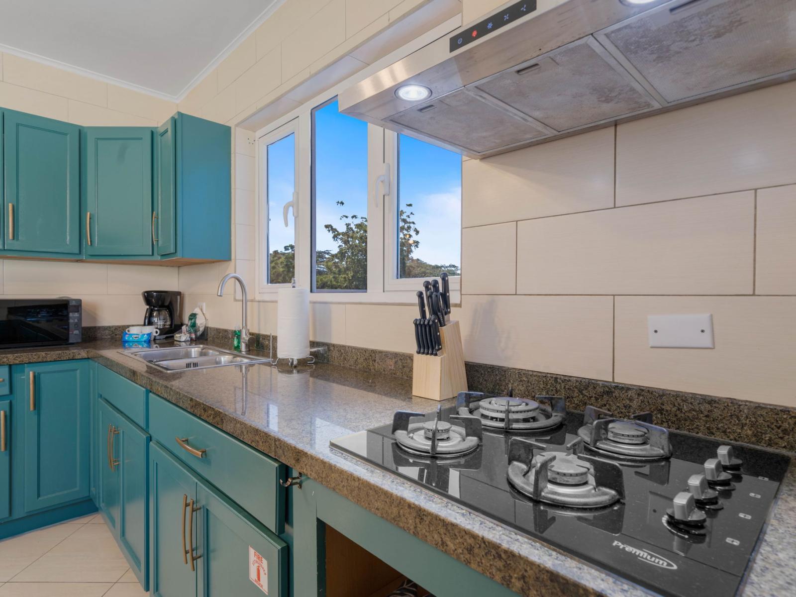 - Cook up a feast in this modern, fully equipped kitchen with vibrant teal cabinetry - Enjoy the sleek granite countertops and all the tools you need for a perfect meal - Bright windows make cooking a delight with stunning views of greenery