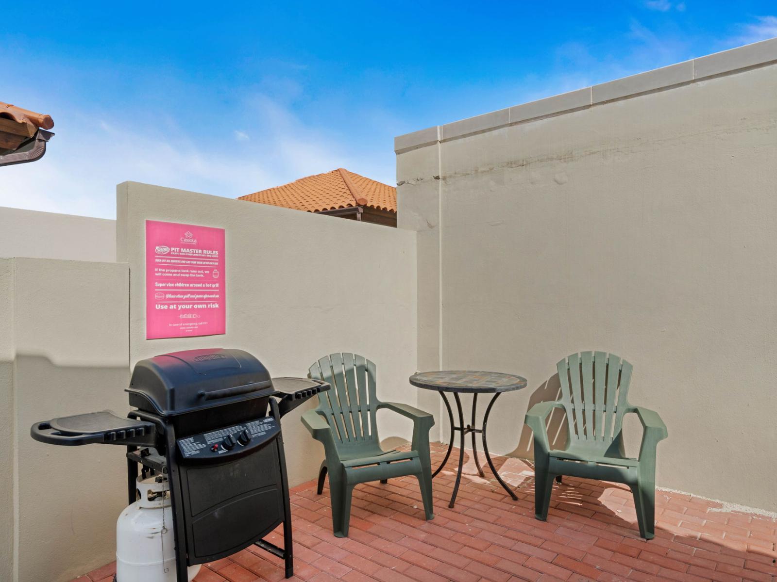 - Enjoy your own private BBQ area, perfect for grilling and relaxing in the open air - Comfortable seating and a cozy table make this spot ideal for outdoor dining - Great space to create delicious memories under the sunny skies or starry nights