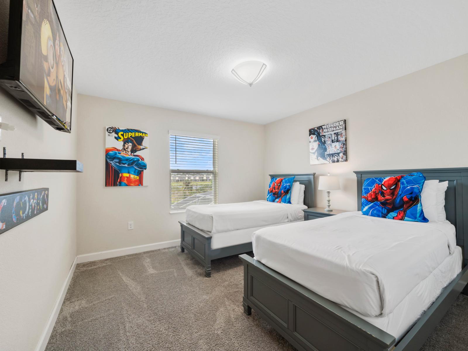 A Touch of Whimsy: This twin bedroom combines fun colors and unique accents, making it a delightful retreat for guests.