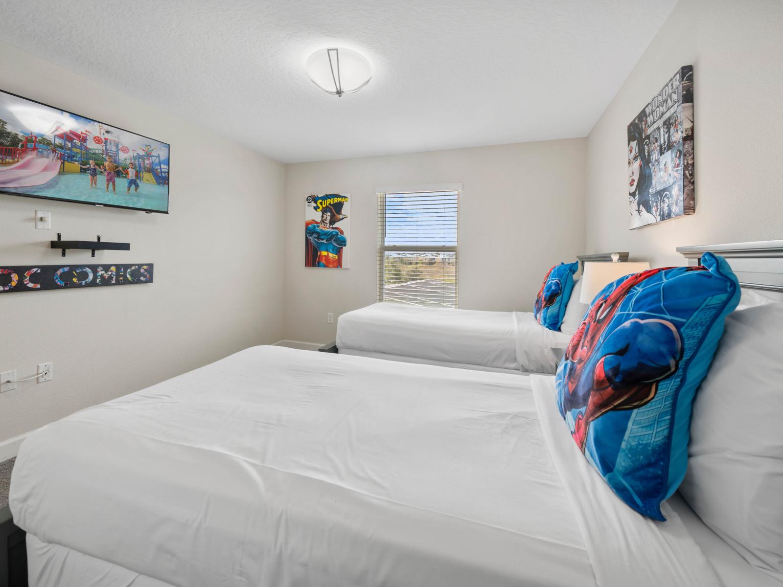 A Touch of Whimsy: This twin bedroom combines fun colors and unique accents, making it a delightful retreat for guests.