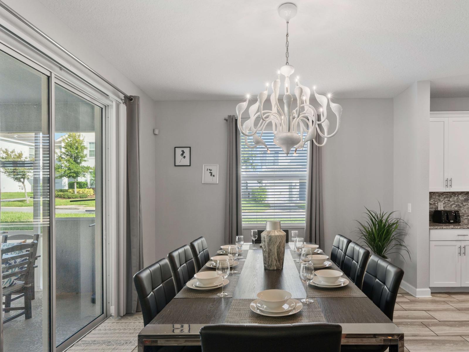 Spacious Dining for Gatherings:  Gather around the 8-seater dining table, perfect for family meals, celebrations, and group get-togethers in a spacious, well-lit area.