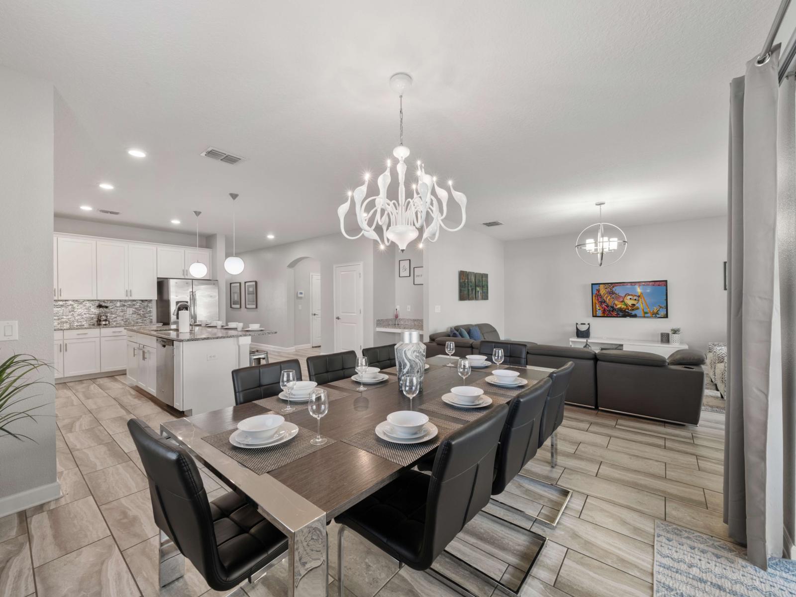 Spacious Dining for Gatherings:  Gather around the 8-seater dining table, perfect for family meals, celebrations, and group get-togethers in a spacious, well-lit area.