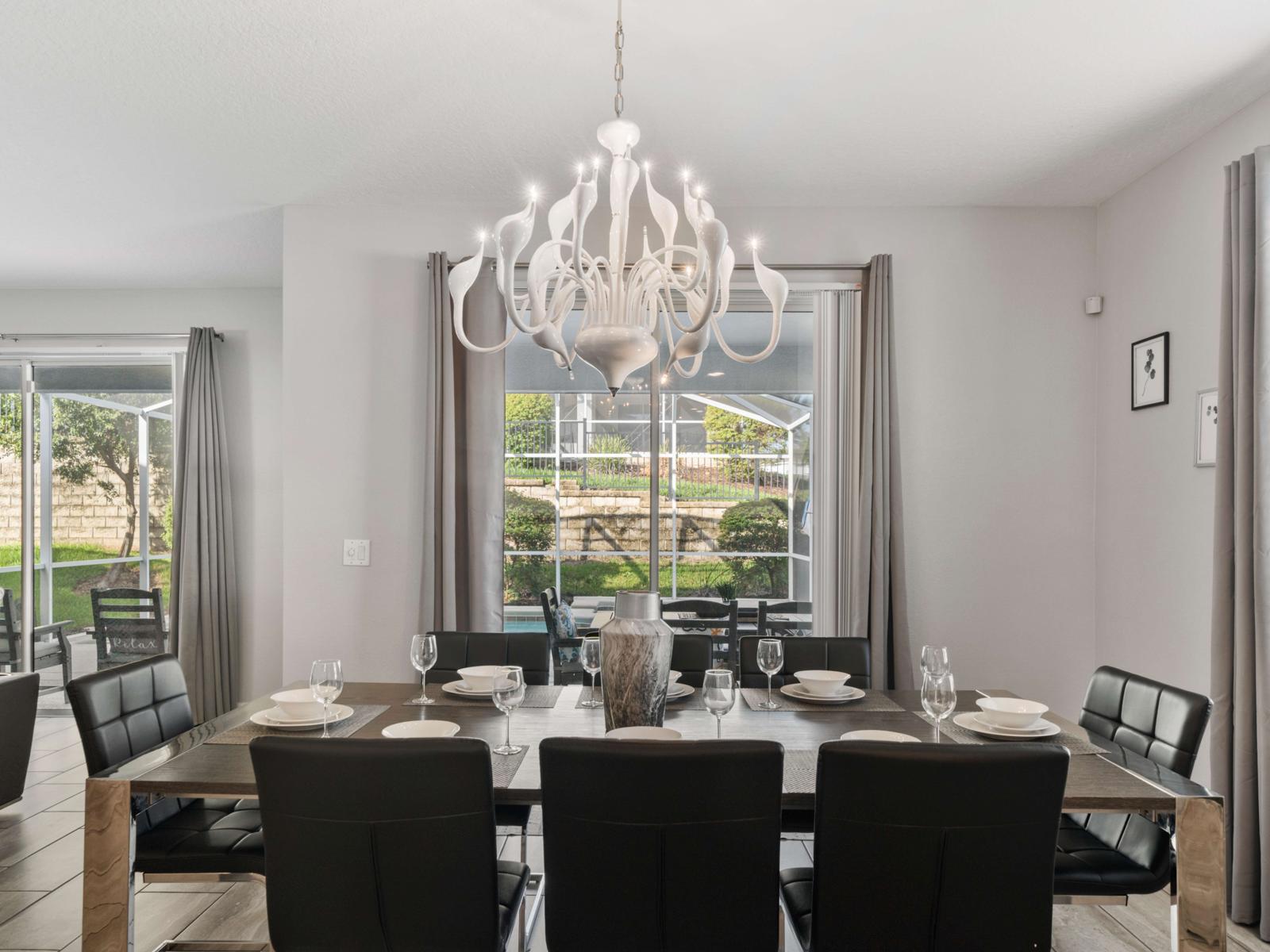 Spacious Dining for Gatherings:  Gather around the 8-seater dining table, perfect for family meals, celebrations, and group get-togethers in a spacious, well-lit area.