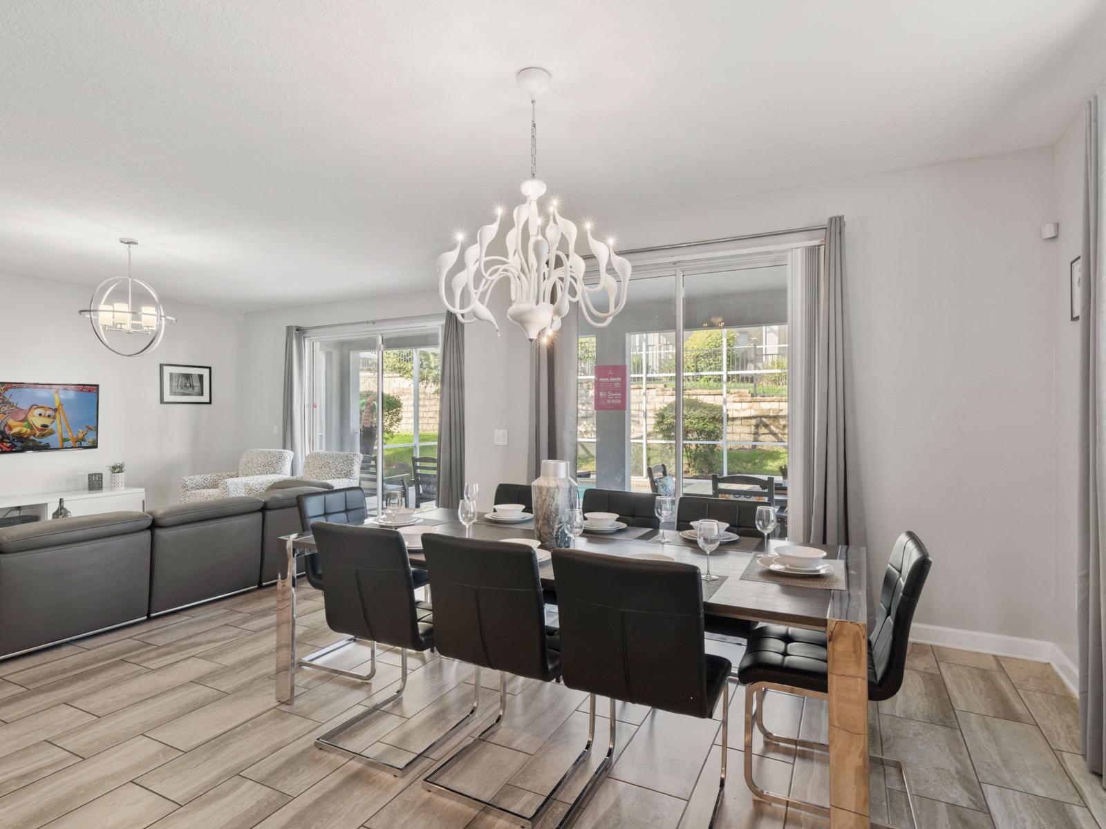 Spacious Dining for Gatherings:  Gather around the 8-seater dining table, perfect for family meals, celebrations, and group get-togethers in a spacious, well-lit area.