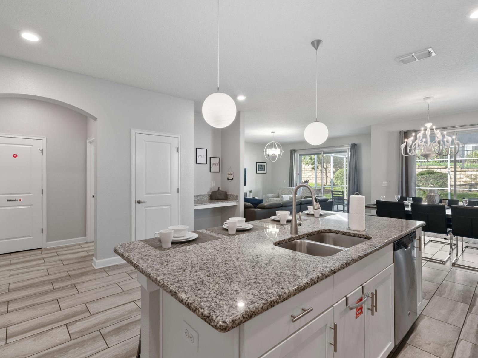 Cooking Amenities:  Fully equipped open kitchen with stainless steel appliances, large prep area, and everything you need to cook up meals for a crowd!