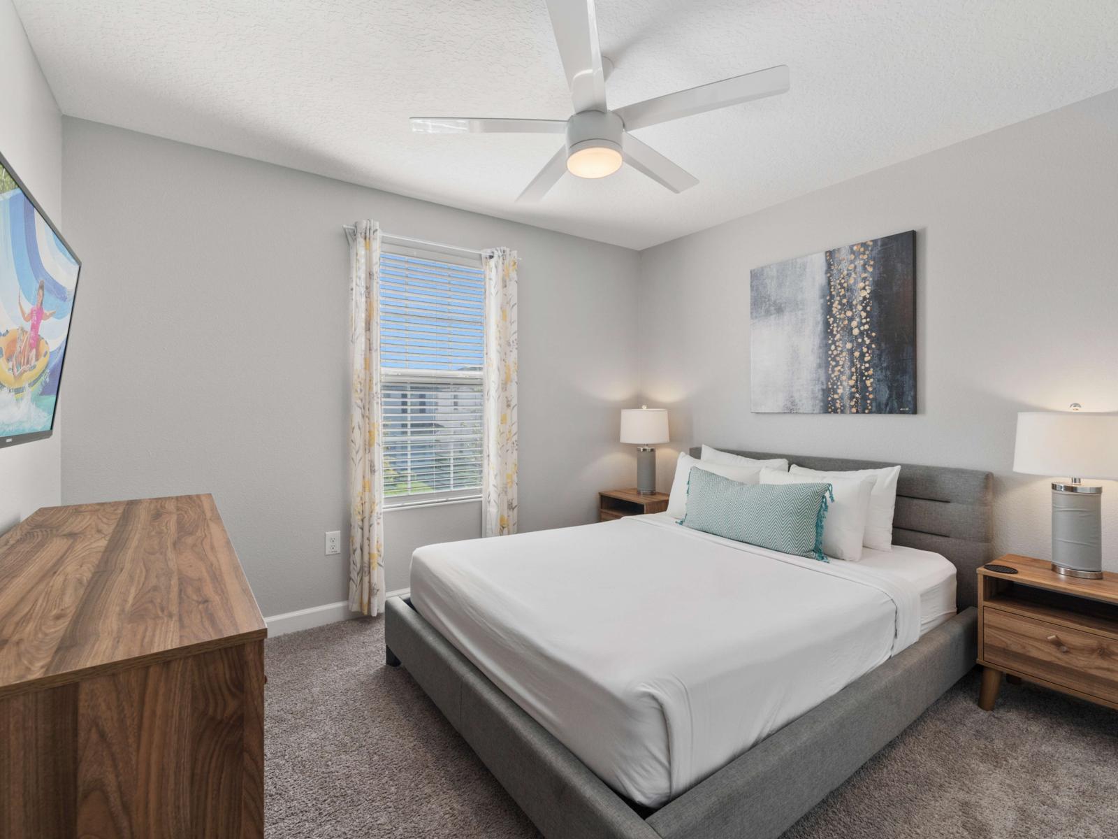 Guest Bedroom:  Enjoy this inviting guest bedroom with soft linens, bedside lighting, and stylish accents for a restful, private escape.