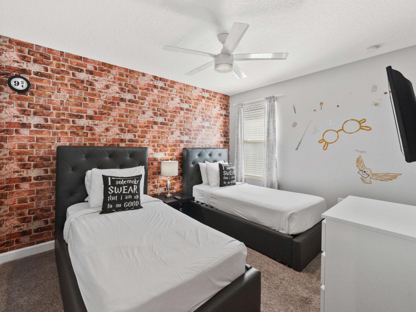 Twin Bedroom:  A charming twin bedroom with thoughtful decor and comfortable bedding, perfect for kids, friends, or additional guests.