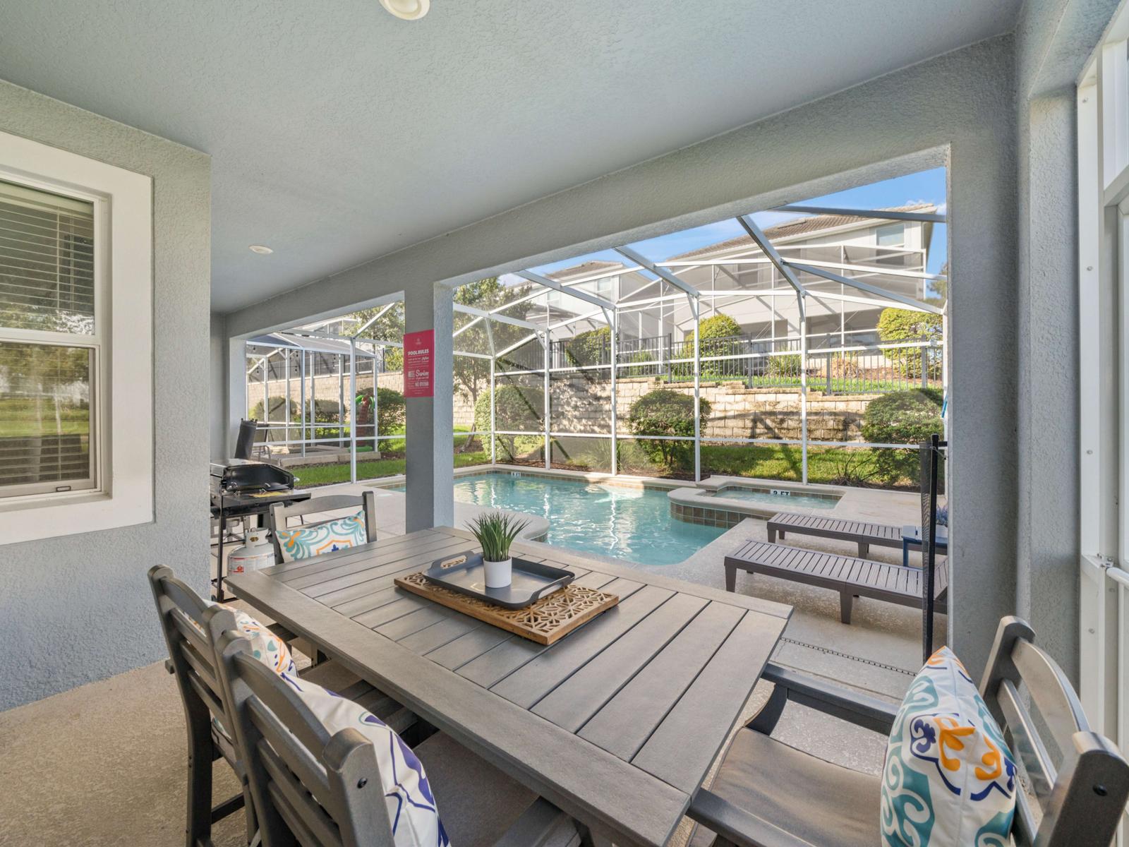 Poolside Relaxation:  Soak up the sun by your private pool, complete with lounge chairs and a BBQ grill—ideal for relaxing afternoons and evening gatherings.