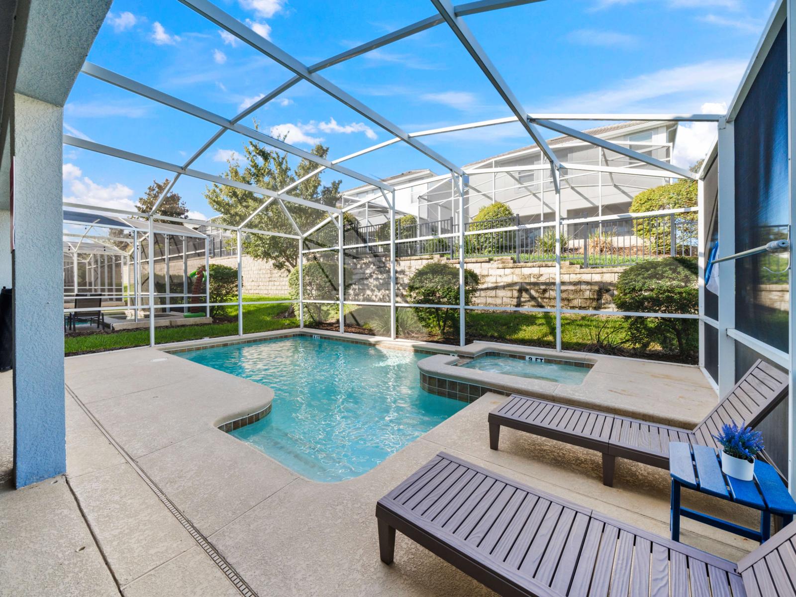 Poolside Relaxation:  Soak up the sun by your private pool, complete with lounge chairs and a BBQ grill—ideal for relaxing afternoons and evening gatherings.