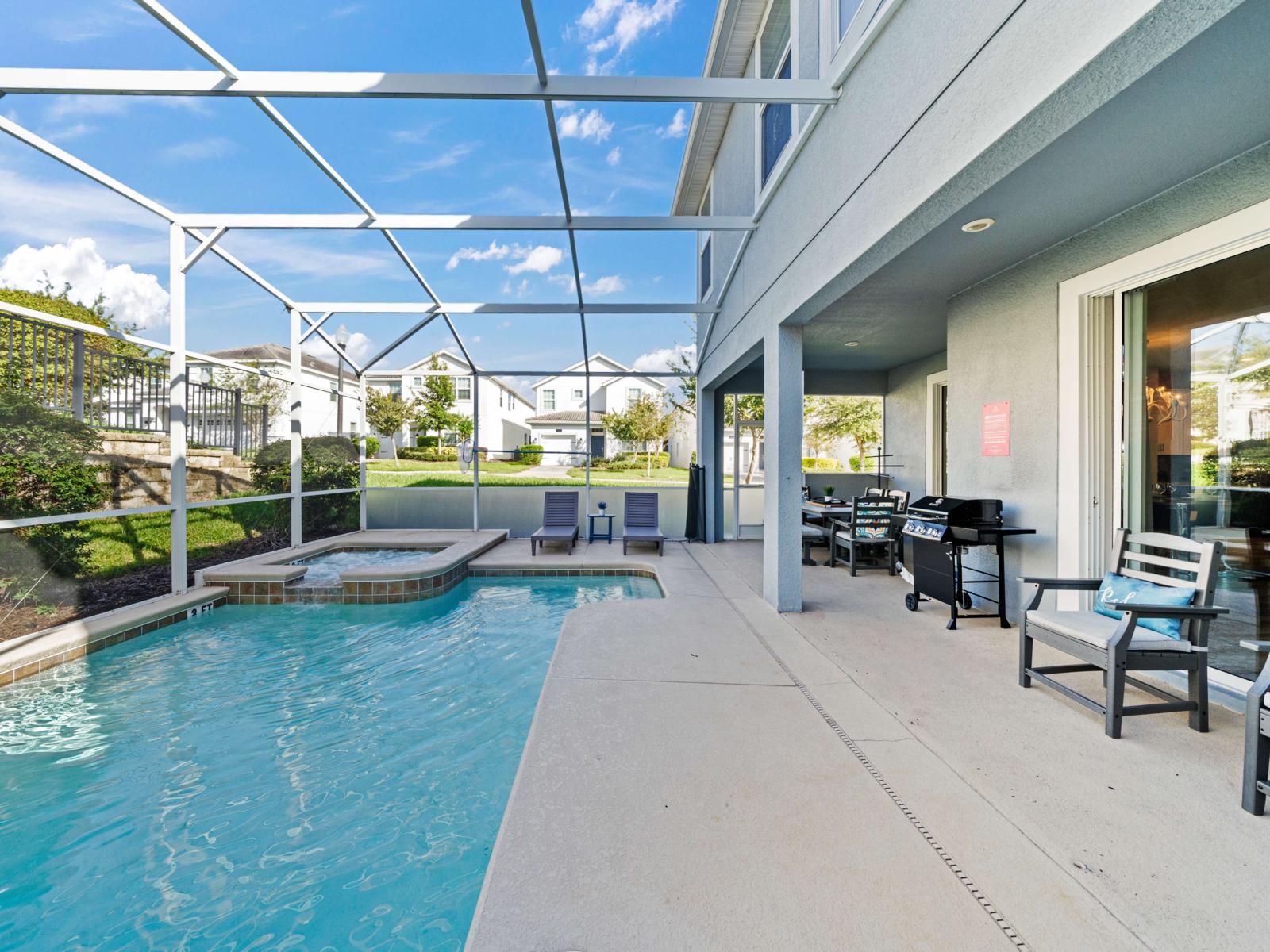 Poolside Relaxation:  Soak up the sun by your private pool, complete with lounge chairs and a BBQ grill—ideal for relaxing afternoons and evening gatherings.