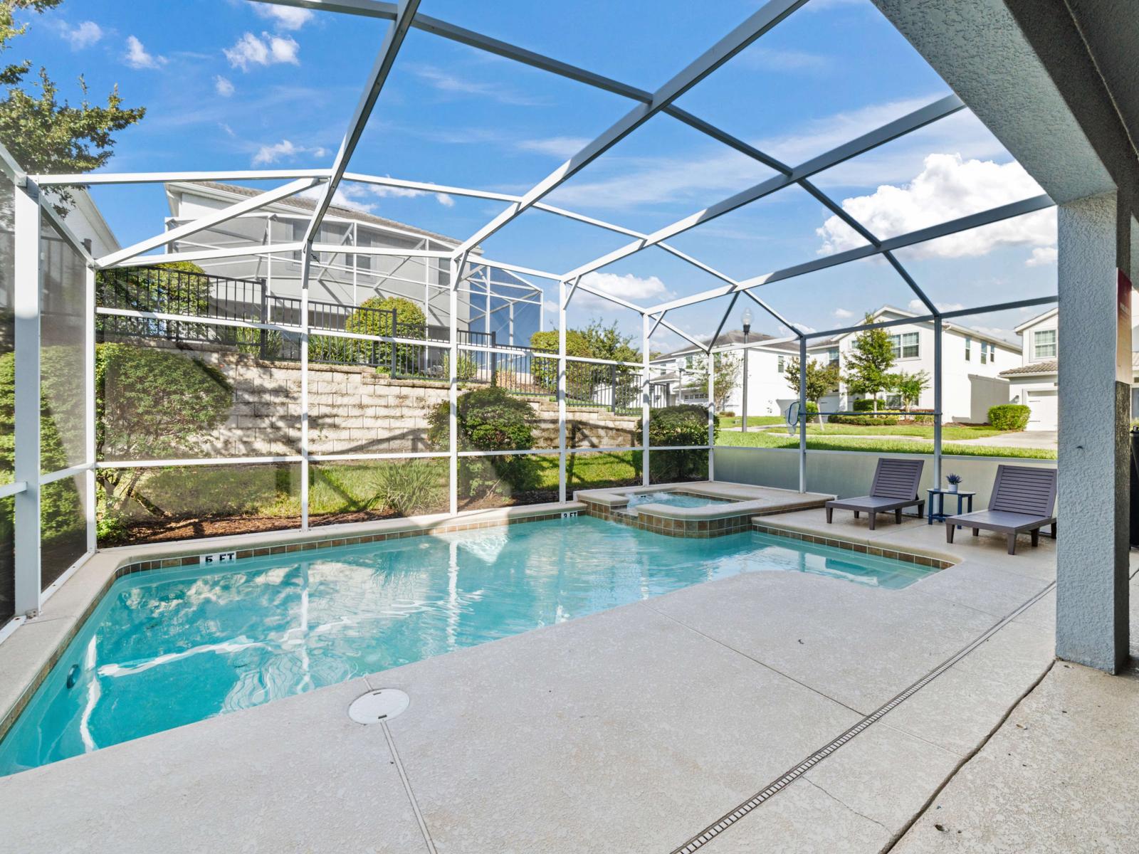 Poolside Relaxation:  Soak up the sun by your private pool, complete with lounge chairs and a BBQ grill—ideal for relaxing afternoons and evening gatherings.