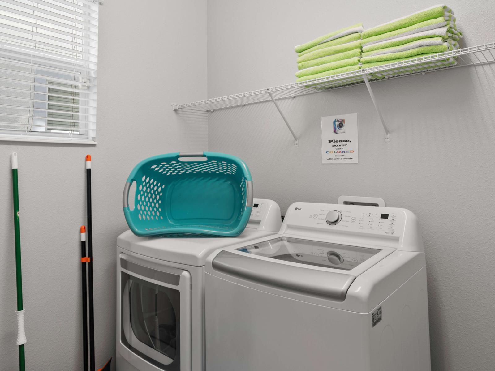 Stay Fresh and Clean:  Stay fresh and clean during your vacation with our convenient laundry area, perfect for families or extended stays.