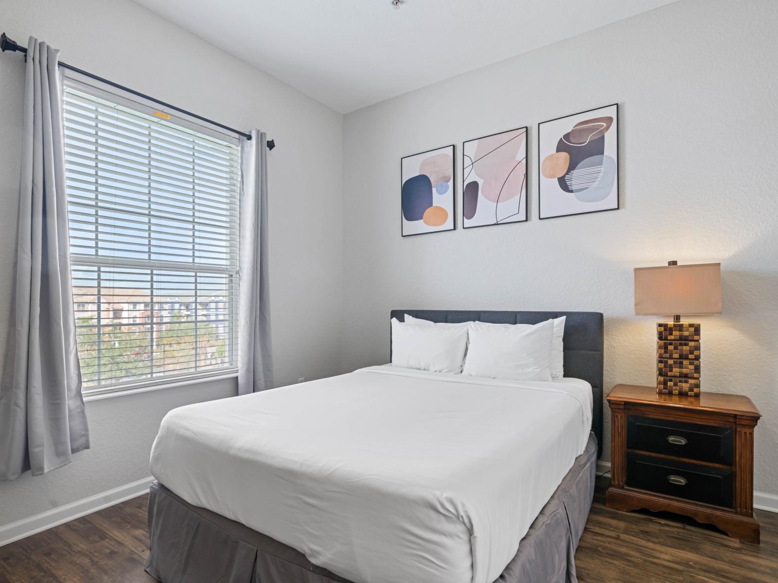 - Drift into deep relaxation on a plush queen bed with premium linens - Wake up to natural light pouring through the window and enjoy picturesque views - Thoughtfully designed for comfort and style, ensuring every night feels like home