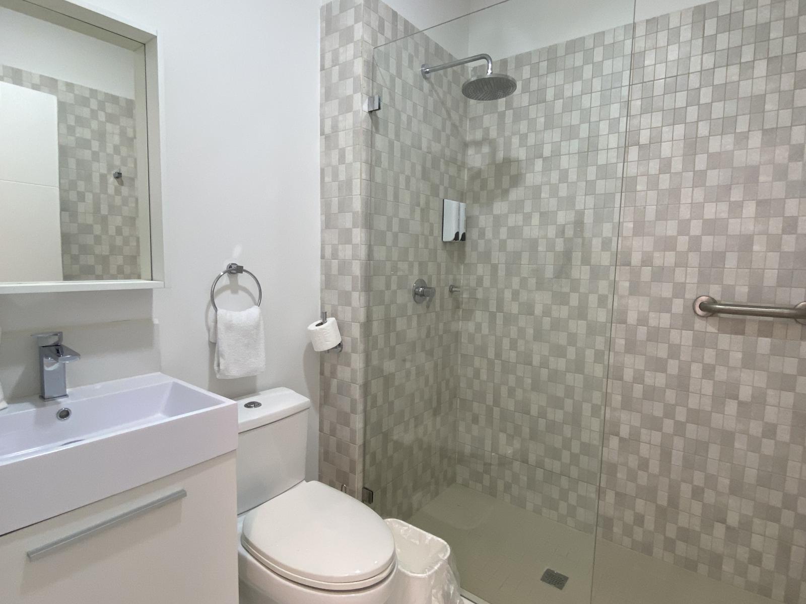 Bathroom 1 is modern and has a walk in shower