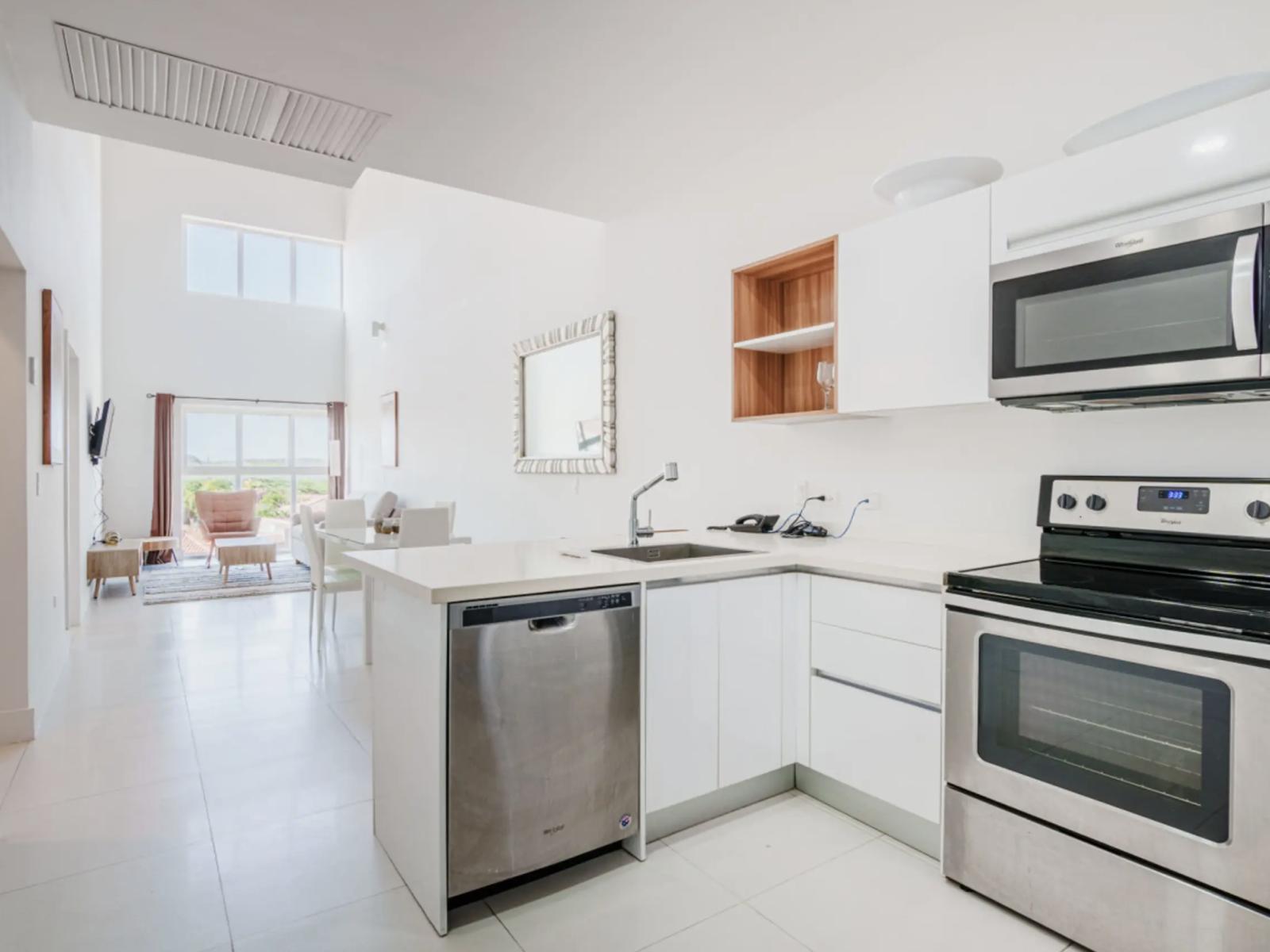 Fully equipped kitchen and living room with high ceilings